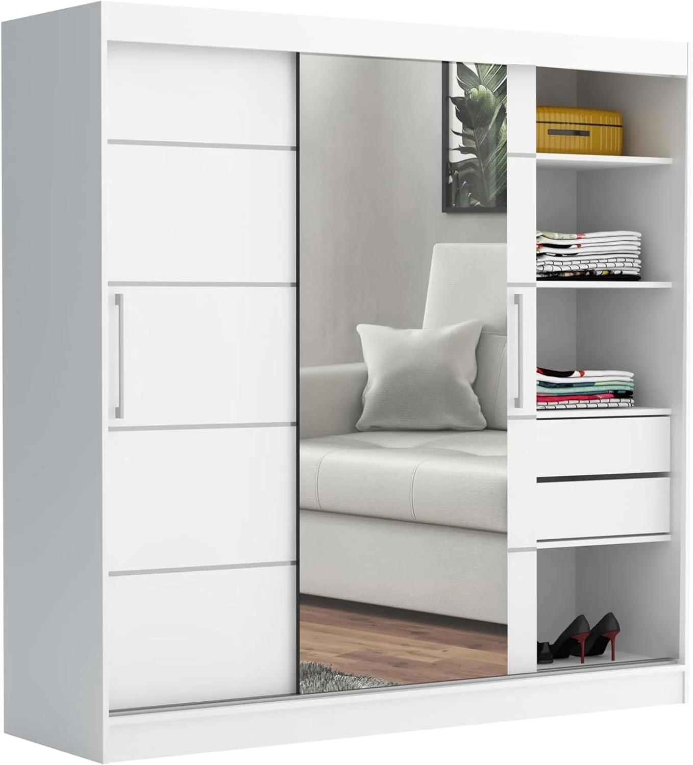Brent, Kleiderschrank mit Spiegel und Schubladen 200cm Breit Chelsea Tomy, Schwebetürenschrank mit Spiegel, Schlafzimmerschrank