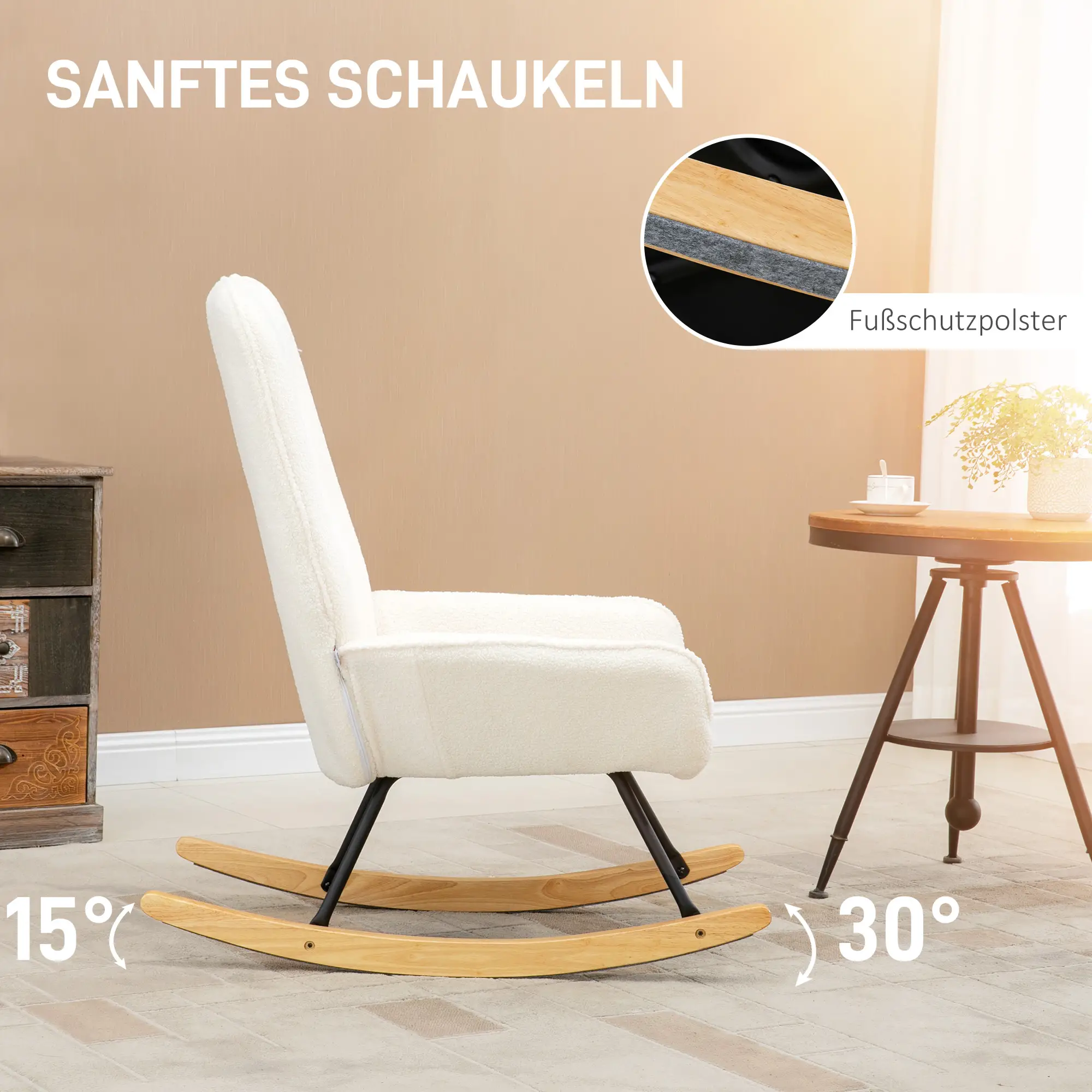 HOMCOM Schaukelstuhl Wohnzimmer Entspannung Komfort Sherpa Fleece Cremeweiß