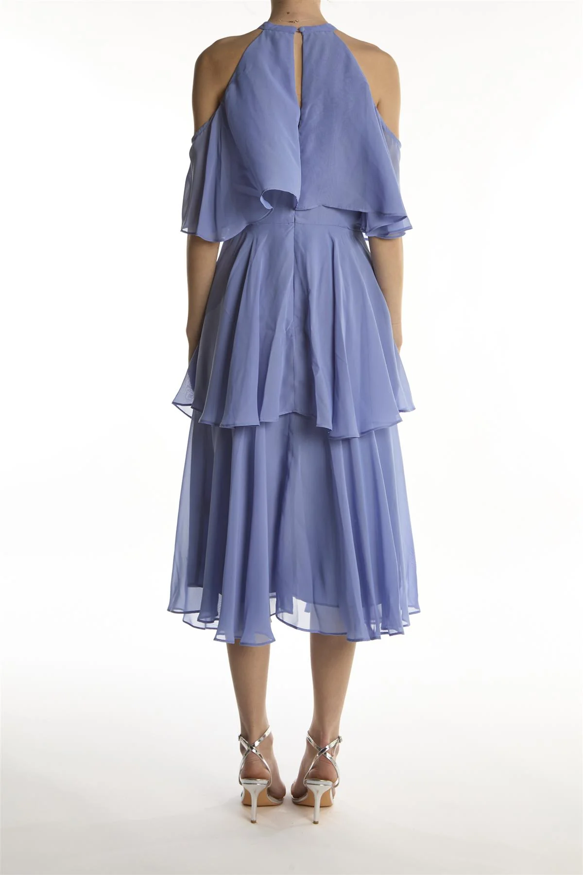 Mid Blue High-Neck Ruffle Midi-Dress