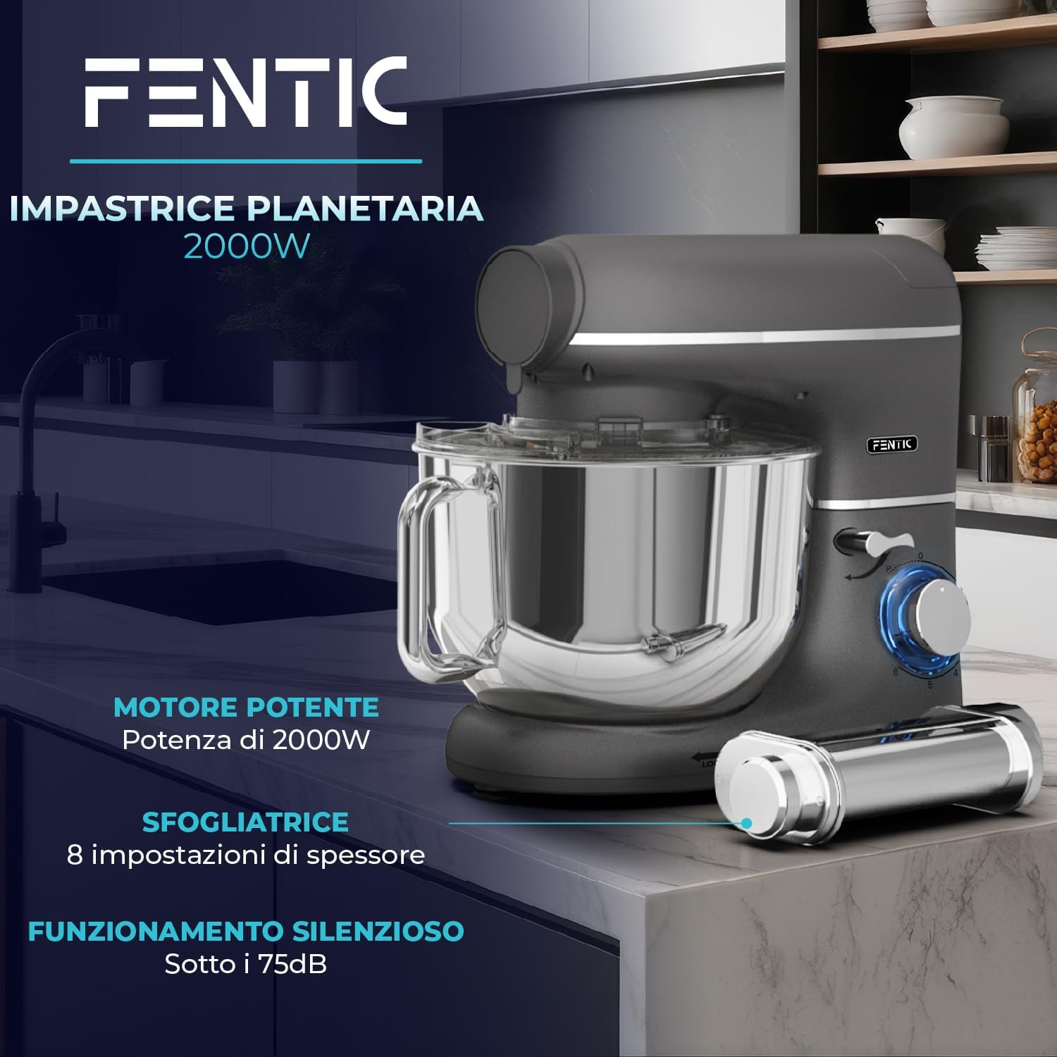 Macchina Planetaria per Pasta – 2000W – Robot da Cucina – Macchina Pasta Fresca – 6,2L Ciotola in Acciaio Inossidabile