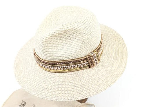 Cream Jewelled Band Foldable Panama Hat | 57 cm | Packable Eco‑Friendly Sun Hat