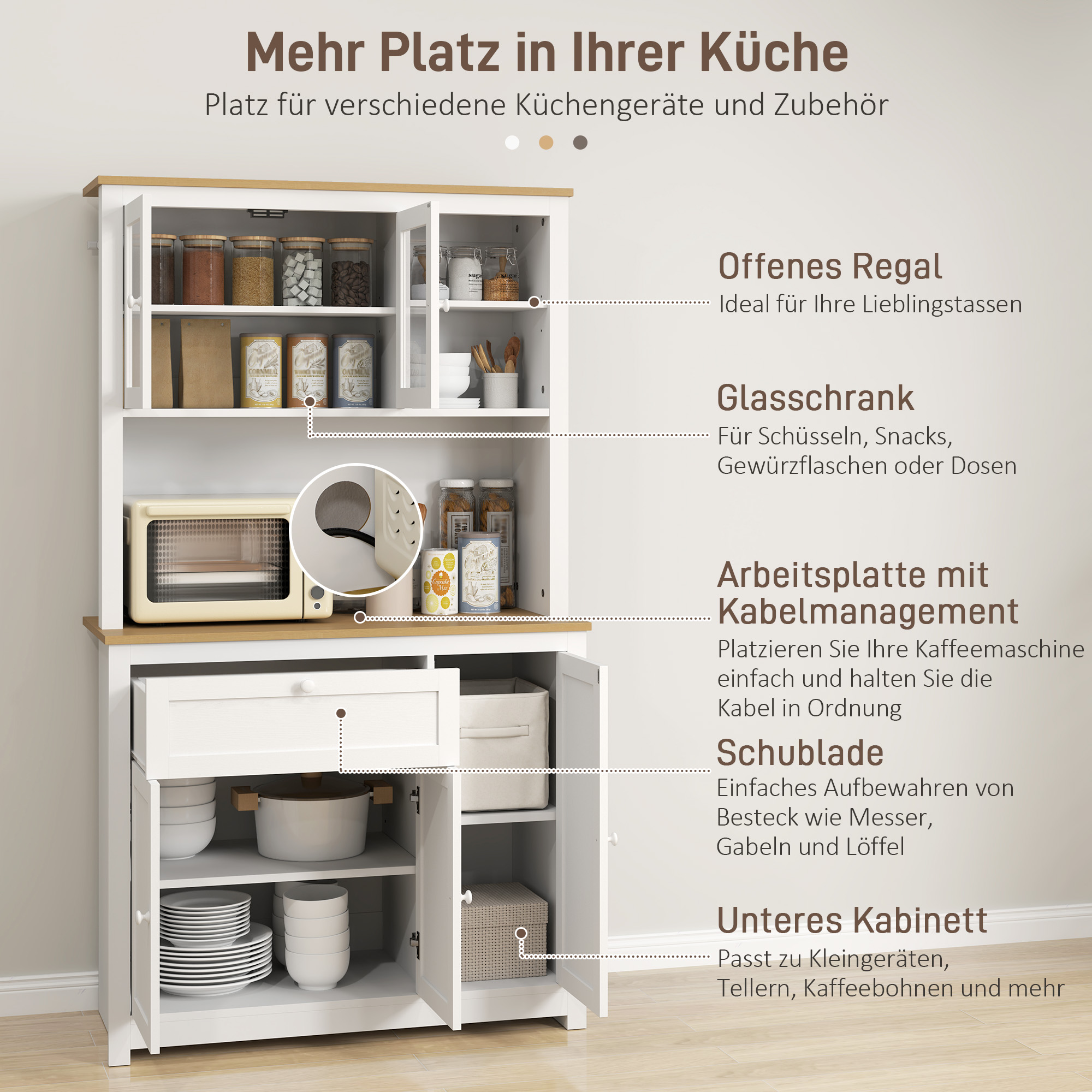 Landhuisstijl Keukenkast, 1 Vitrine, 1 Open Schap, 1 Lade, 2 Kasten, Natuur + Wit