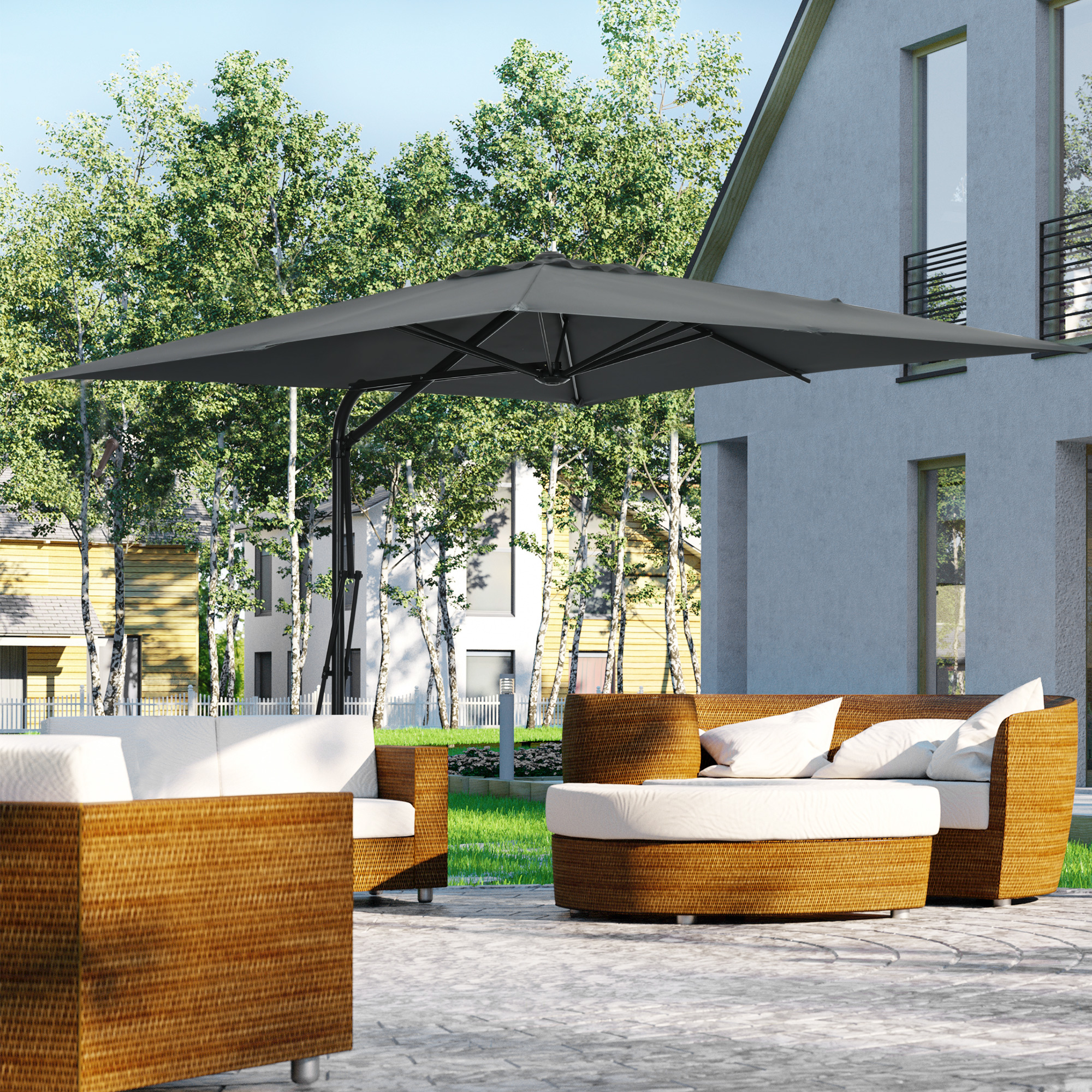 Outsunny Versetzter quadratischer Sonnenschirm 2,5 x 2,5 m, Garten-Sonnenschirm mit UV-Schutz inkl. Kreuzfuß dunkelgrau