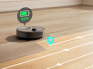 Aspirapolvere robotico su pavimento in legno con indicatore digitale della batteria che mostra l'80% di carica. Le frecce bianche sul pavimento suggeriscono