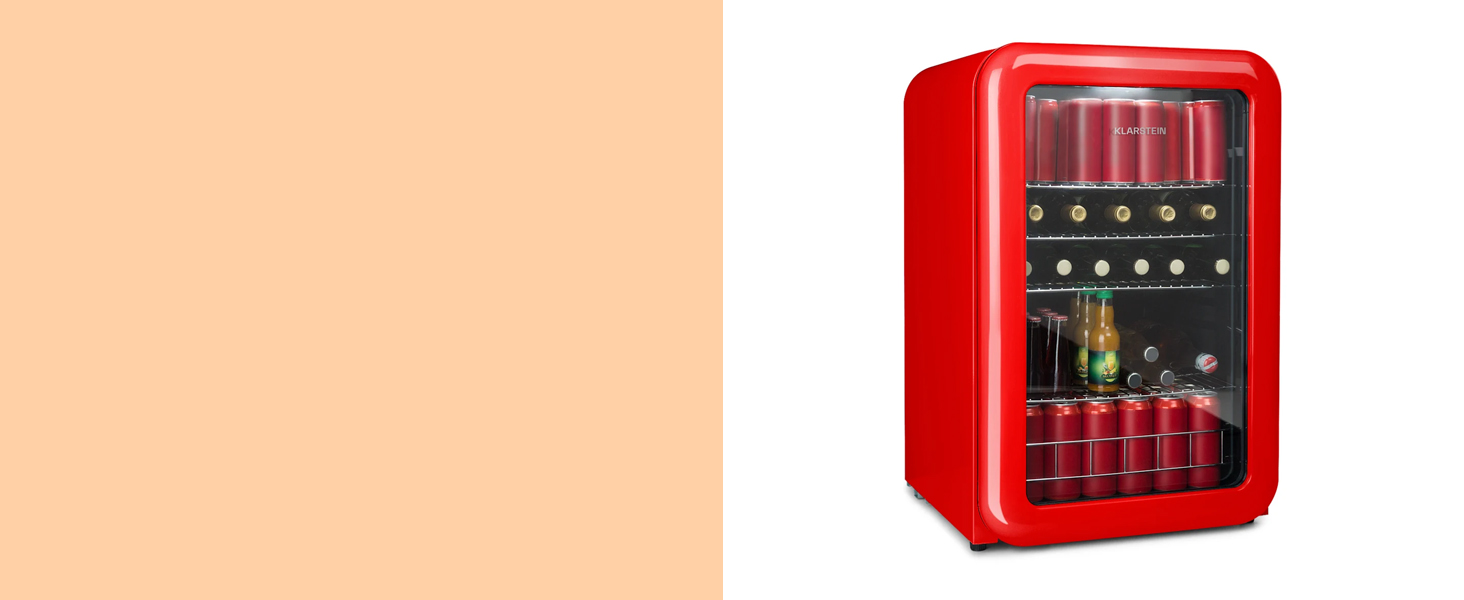 un frigorifero rosso con uno sfondo bianco e uno sfondo rosa chiaro.