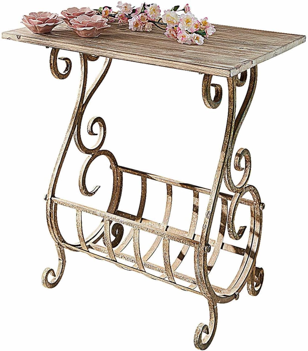 Loberon Konsole Ciattos Antikbraun, ca. 70cm x 57cm x 34cm, Tisch im Nostalgischen Design, Konsolentisch aus Eisen mit Ablage aus Tannenholz