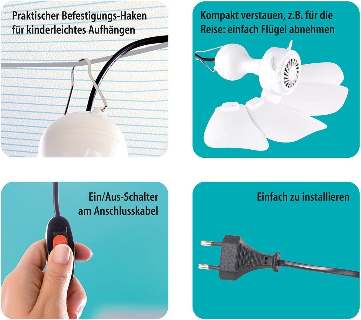 Deckenventilator Mobiler Camping Ventilator Weiß mit Aufhänger 9W leise 5 Flügel Ø 41cm