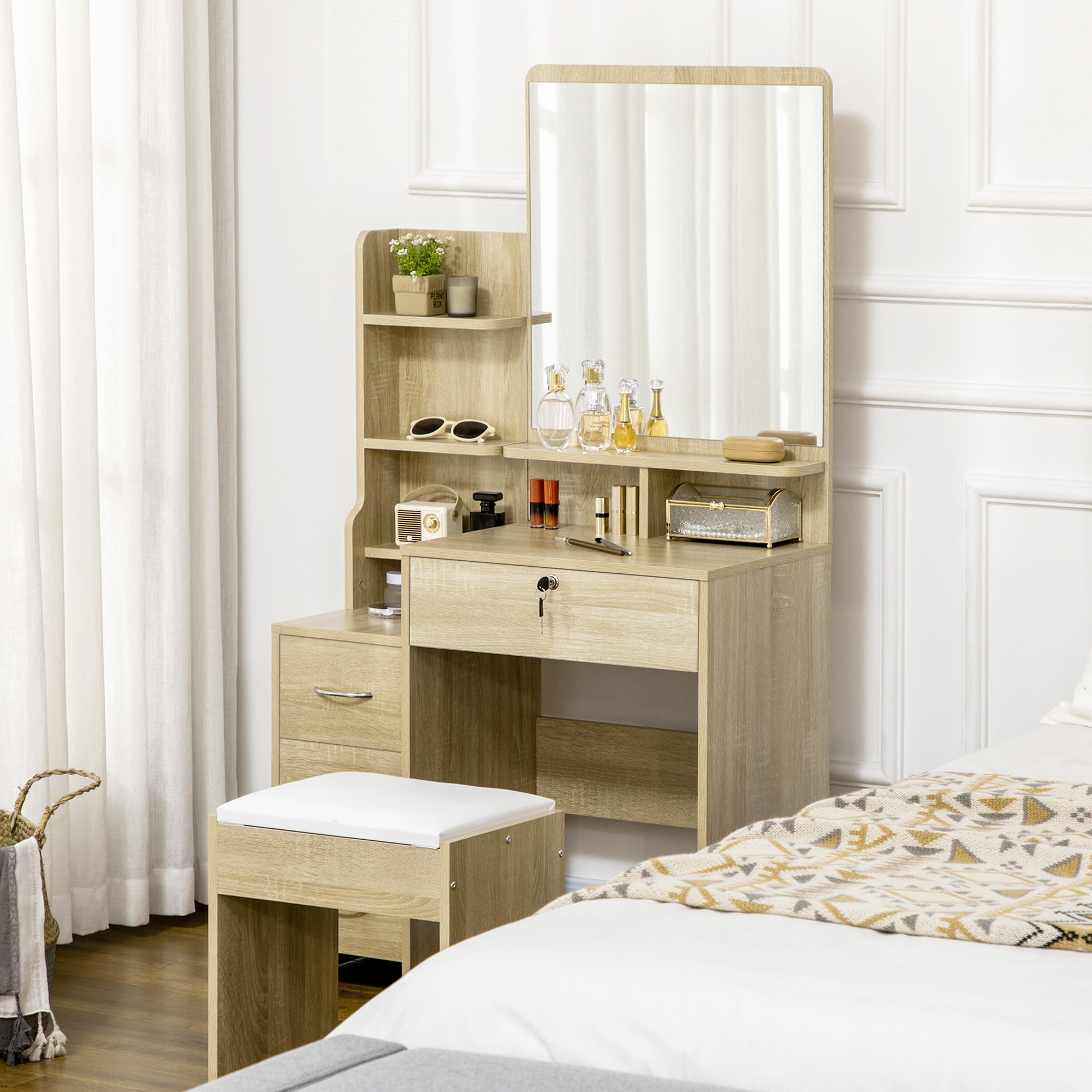 HOMCOM Schminktisch-Set mit Make-up-Tisch, gepolstertem Hocker, großem Spiegel, mehreren offenen Regalen + 4 Schubladen in Naturholz