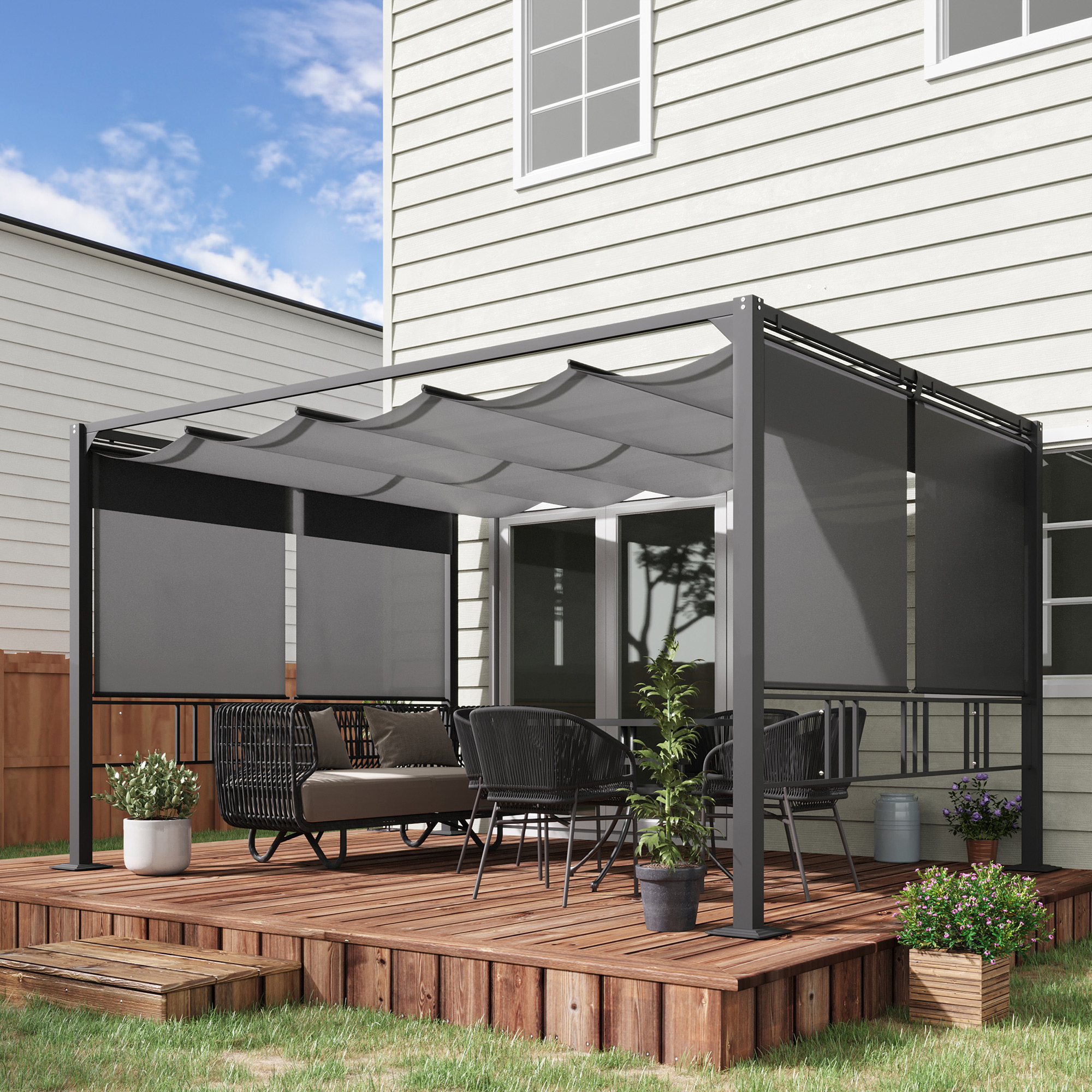 Outsunny Pergola Pavillon 3,9 x 2,9 m mit Sonnendach und 4 automatische Rollläden wasserdicht für Garten Abdecken Gartenmöbel Aluminium Polyester Dunkelgrau