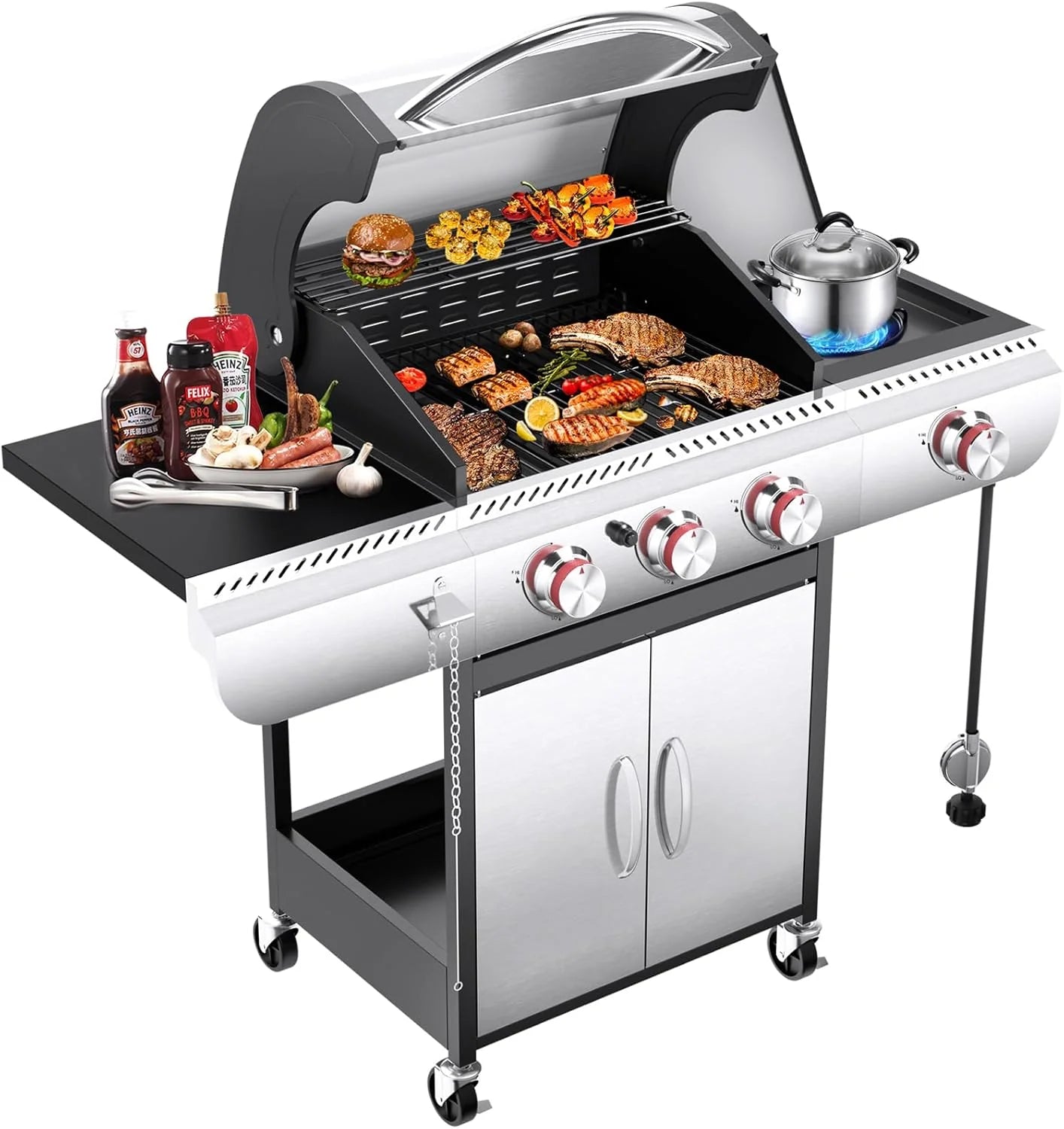 Griglie a gas propano R.W.FLAME a 3 e 4 fuochi con bruciatori laterali, per cucinare all'aperto, barbecue, patio, campeggio