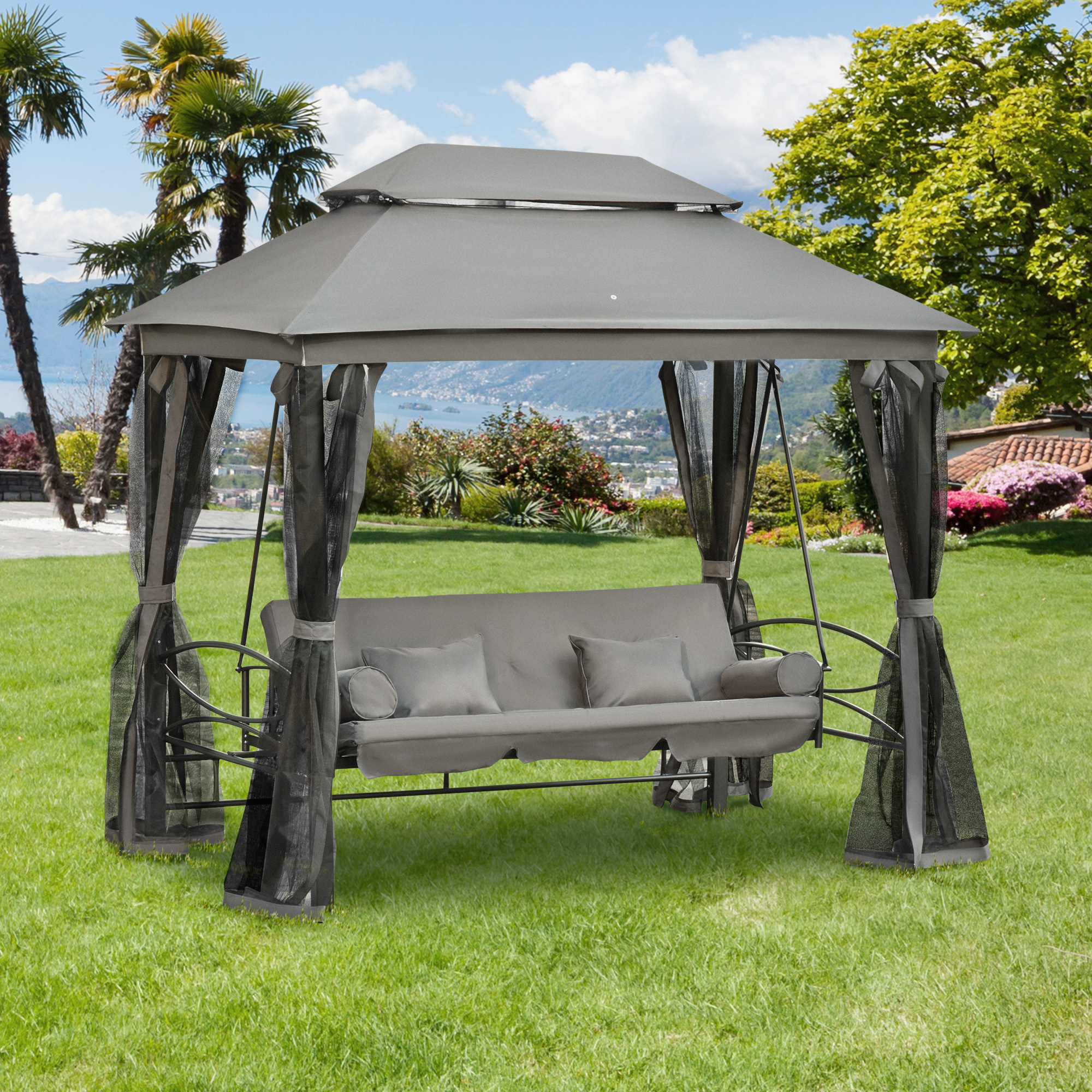Outsunny Hollywoodschaukel Gartenschaukel Schaukel mit Seitenwänden 3-Sitzer Grau 256 x 172 x 248 cm
