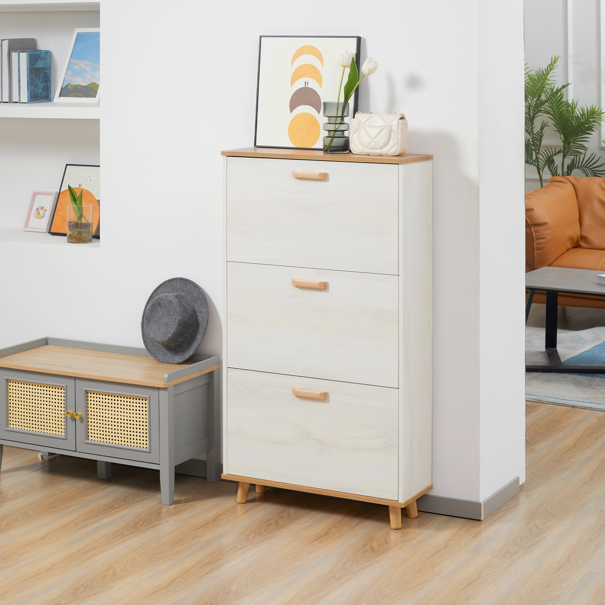 HOMCOM Mobile Schuhkipper aus Spanplatte mit 3 Schubladen und 2 verstellbaren Innenregalen, 70x23,5x122 cm, Weiß