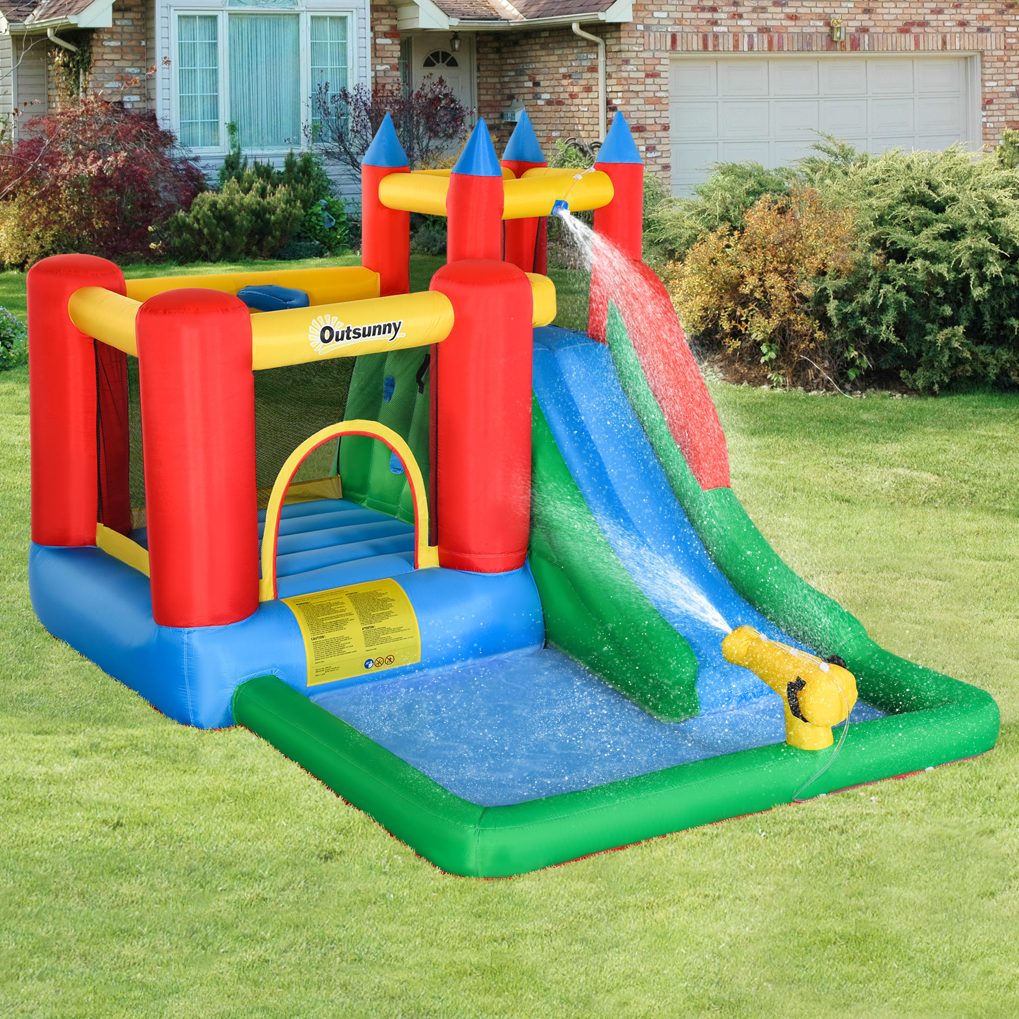 Outsunny Hüpfburg mit Gebläse Rutsche Wasserrutsche aufblasbar für 4 Kinder Wasserhüpfburg Garten XXL Springburg für 3-8 Jahre Kinder Oxford-, Polyester-Gewebe mehrfarbig 330 x 245 x 215 cm