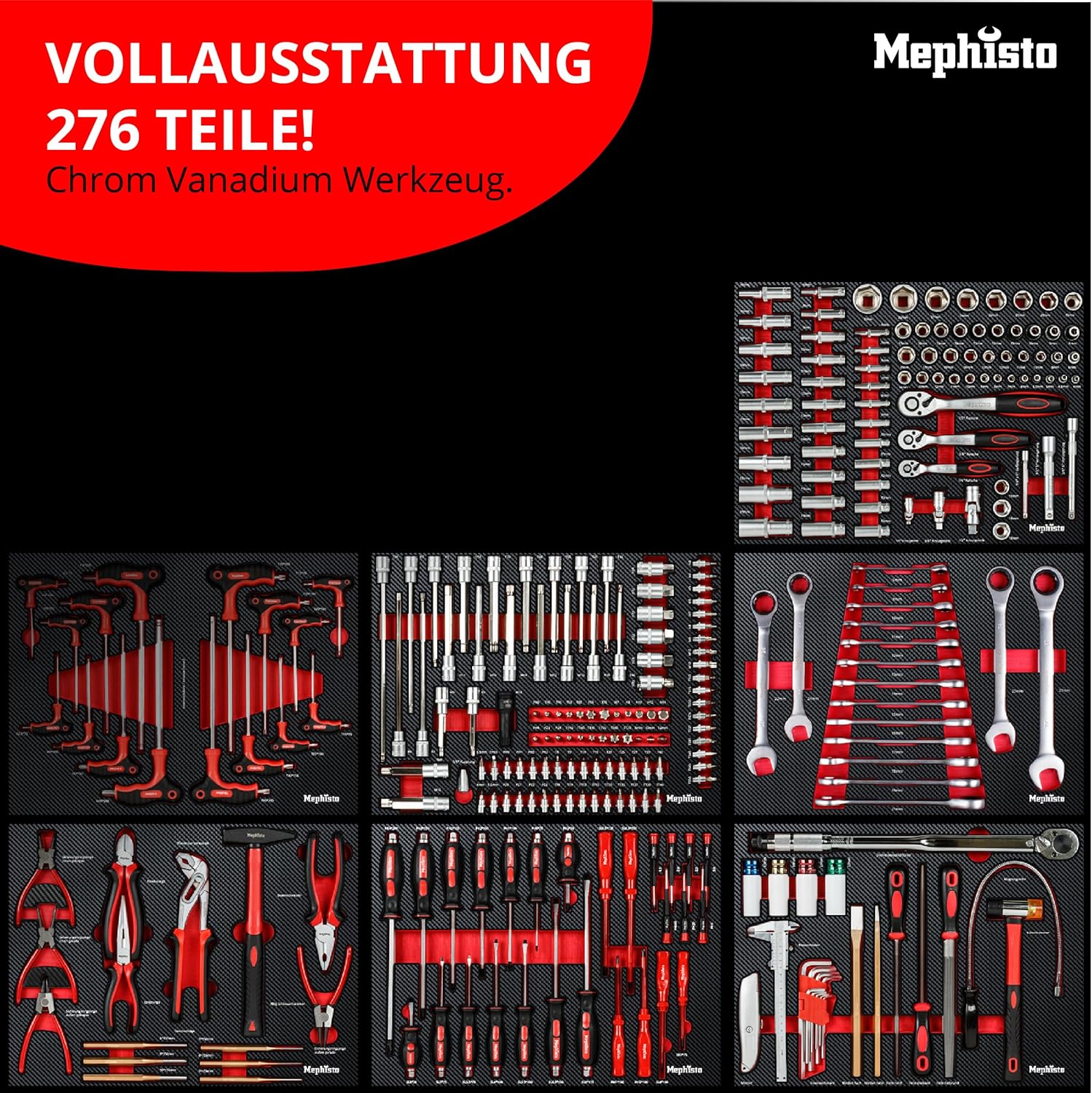 Mephisto XXL Werkzeugwagen Werkstattwagen mit 8 Schubladen Davon 7 mit Werkzeug wie Schraubenschlüssel, Ratsche mit Nusskasten, Schraubendreher usw. in Soft Inlays in Carbonoptik gefüllte Schubladen