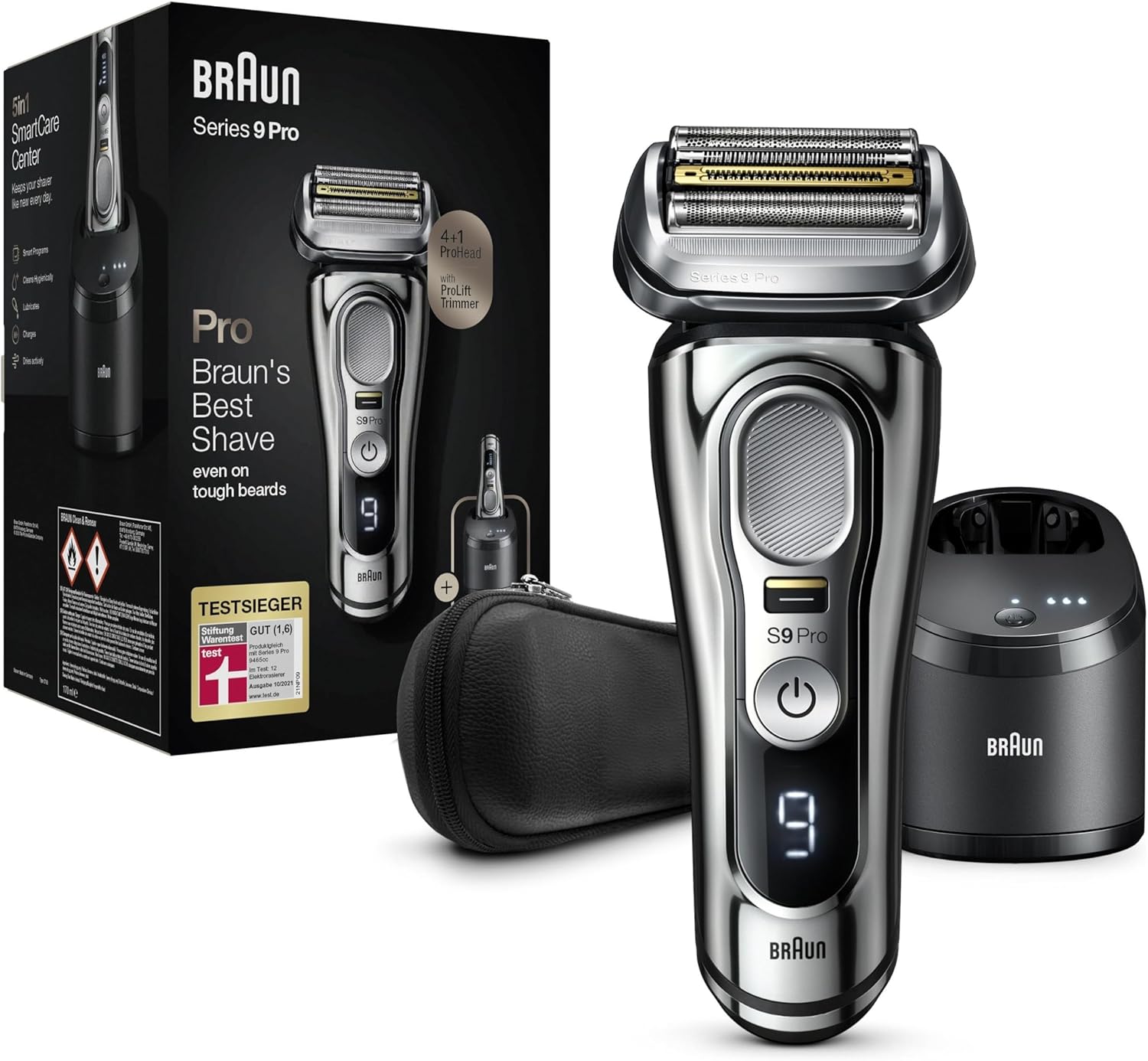 Braun Series 9 Pro Premium - Rasoio elettrico con 4 + 1 testina di rasatura, rasoio elettrico da uomo, ProLift Trimmer, stazione di pulizia 5 in 1, prodotto in Germania, Wet&Dry, 9486cc, cromato