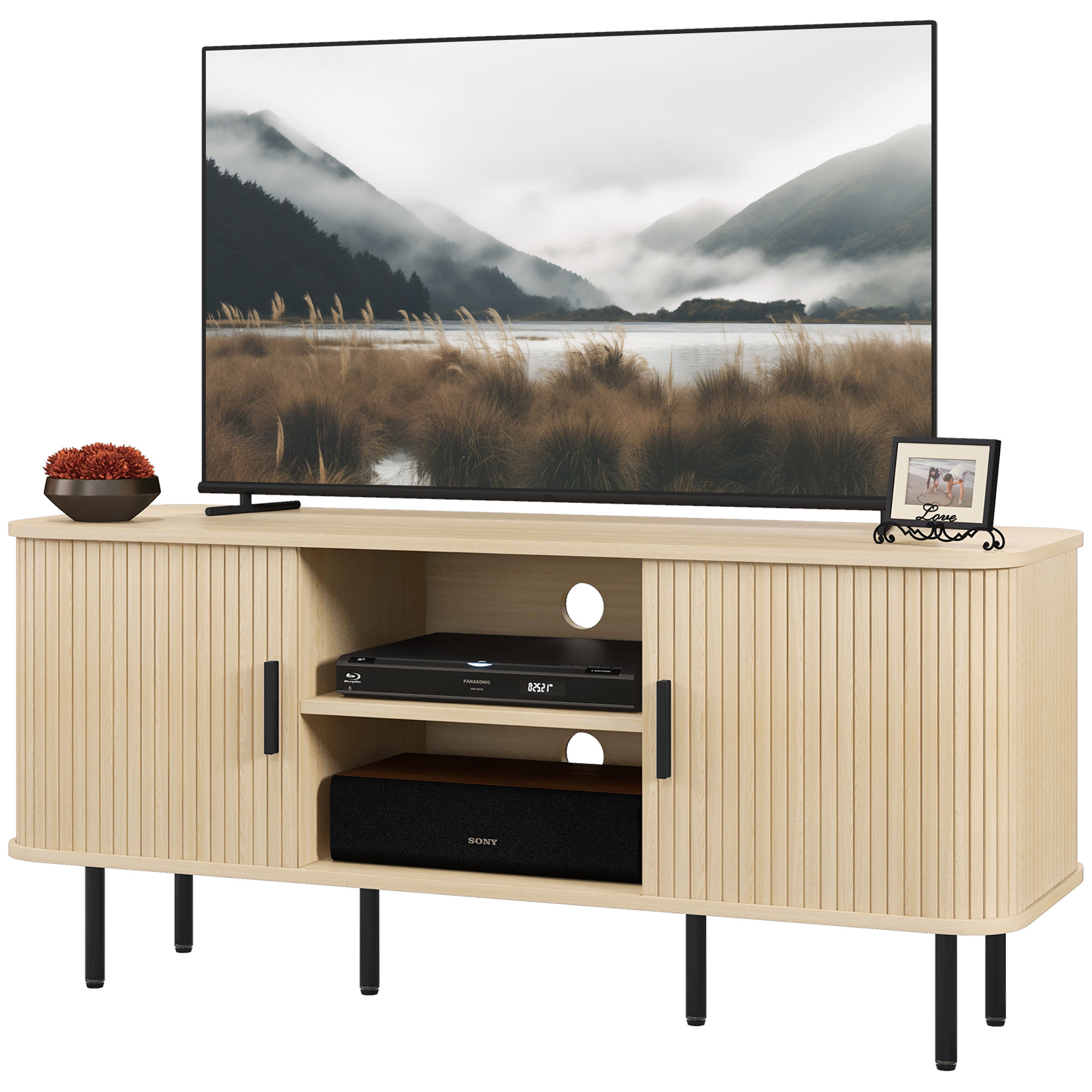 HOMCOM TV-Schrank mit 2 Rolltüren aus Lamellen im skandinavischen Design für Fernseher bis zu 55 Zoll 120 cm Eiche Ton