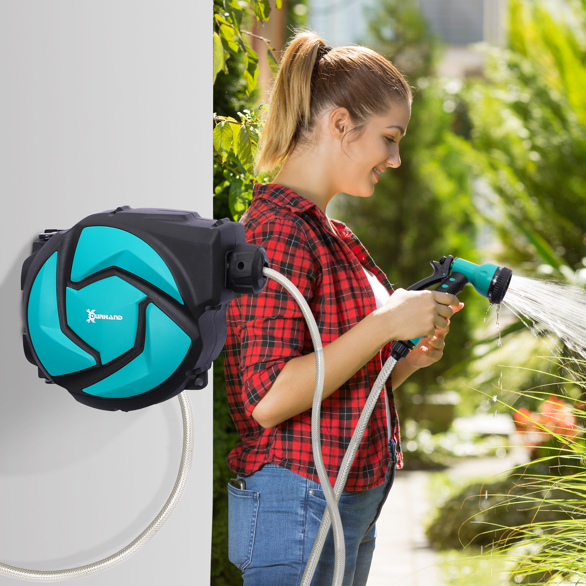DURHAND Schlauchtrommel mit Gartenschlauch 10 m Wasserschlauchaufroller mit automatische Aufrollung Wandschlauchbox 180° schwenkbar mit Multibrause Frostschutz -5–45 °C Grün + Schwarz