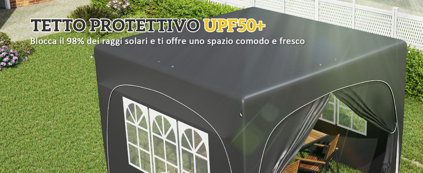 Tettuccio protettivo per esterni con protezione solare UPF30+. Struttura in tessuto grigio con finestre, che offre spazio ombreggiato