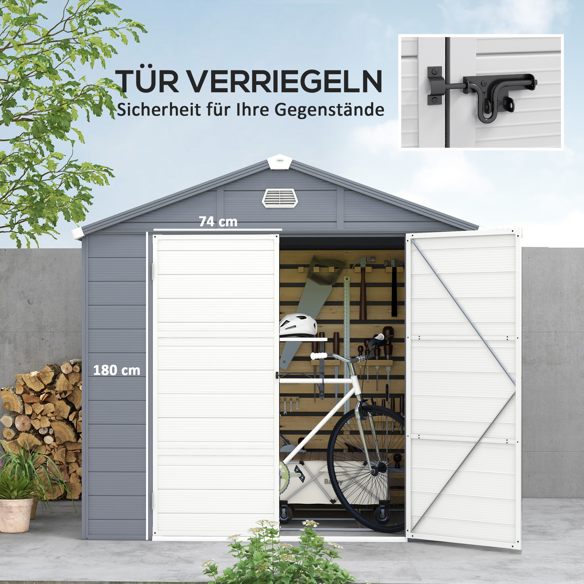 Outsunny Tuinhuis, Tuinschuur met Ventilatieraam, Kunststof, Metaal, 240 x 190 x 180/228, Grijs