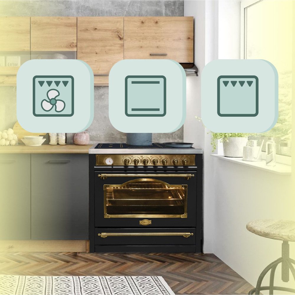 Induktions Herd-Set Elektroherd mit Induktionskochfeld 90 cm, 115L, Schwarz mit Dunstabzugshaube 90 cm, 910 m³/h, Schwarz HC 93655 IEm+A 9423 BE ECO,.,.