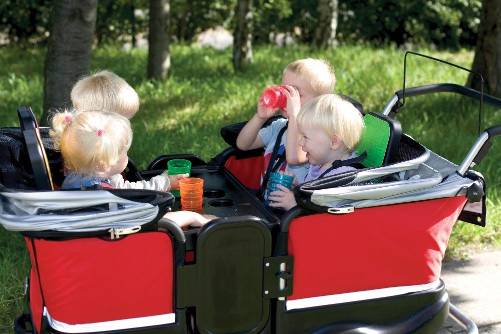 Zwillings-Kombikinderwagen Turtle Kinderbus de Luxe für 4 Kinder – Krippenbus mit Wetterverdeck