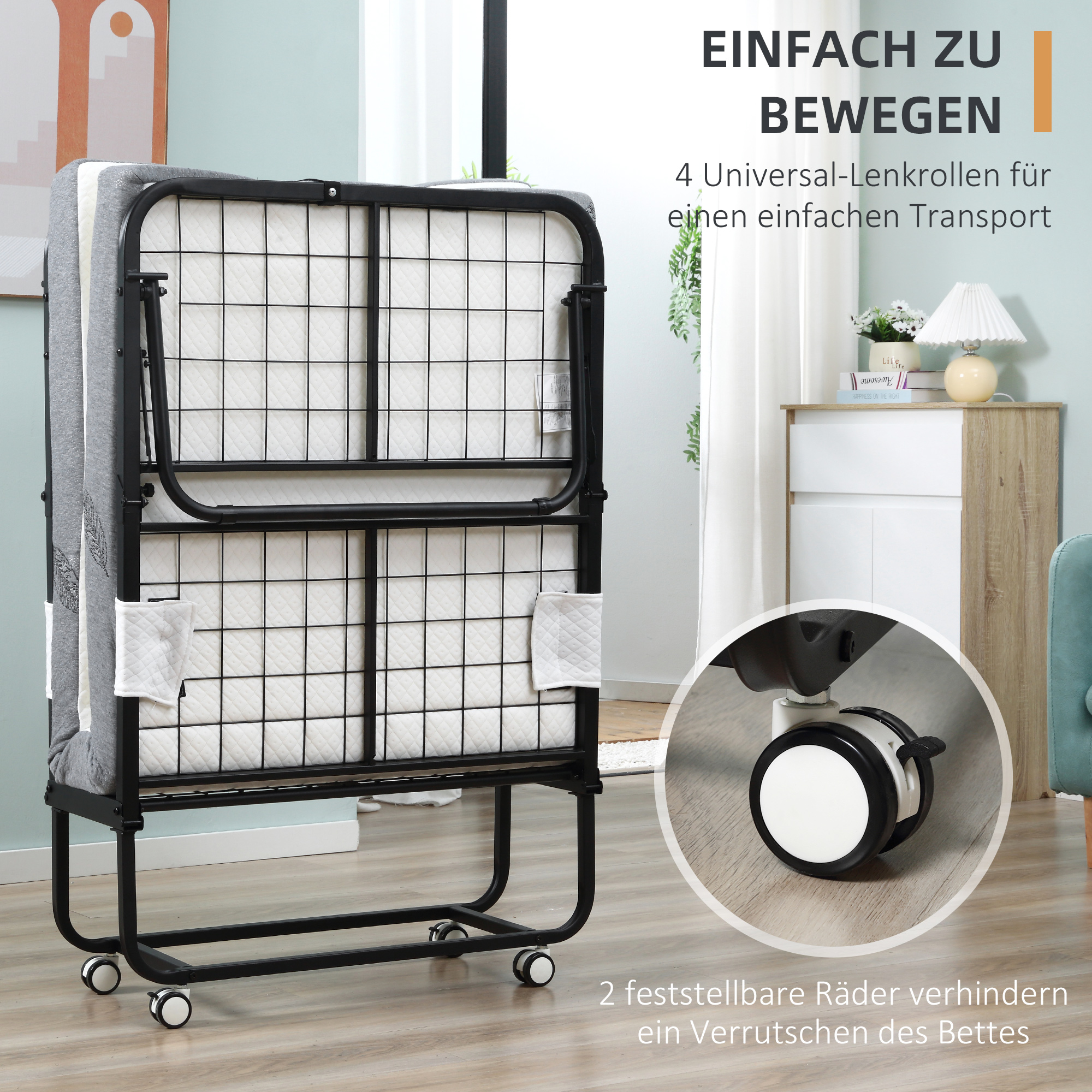 HOMCOM Opklapbaar bed 1 persoons met wielen verstelbaar, tot 150 kg, wit + zwart, 200 x 75 x 42,5 cm | Aosom.nl
