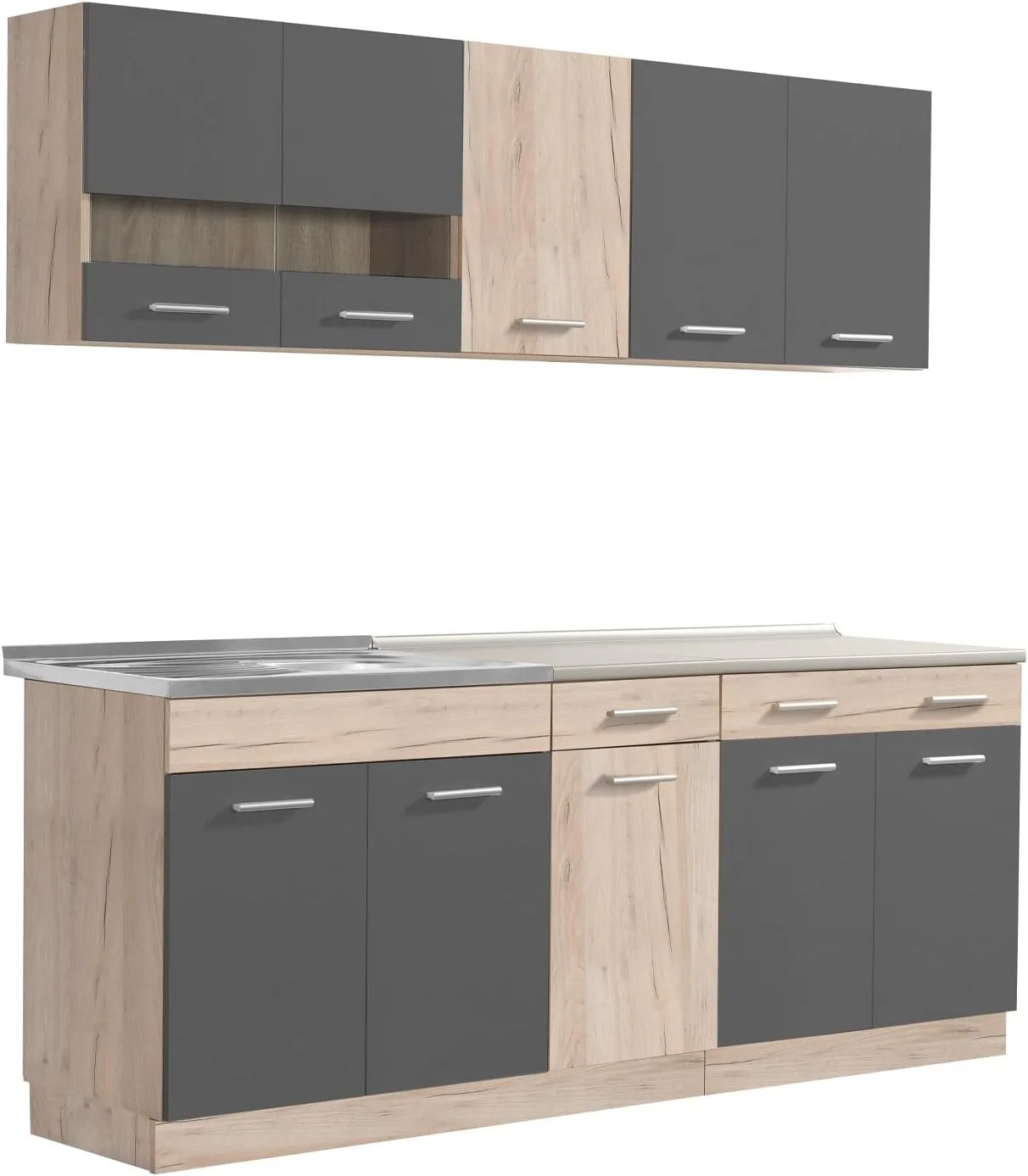 Homestyle4u Küchenzeile ohne Geräte 200 cm, Grau Eiche Holz