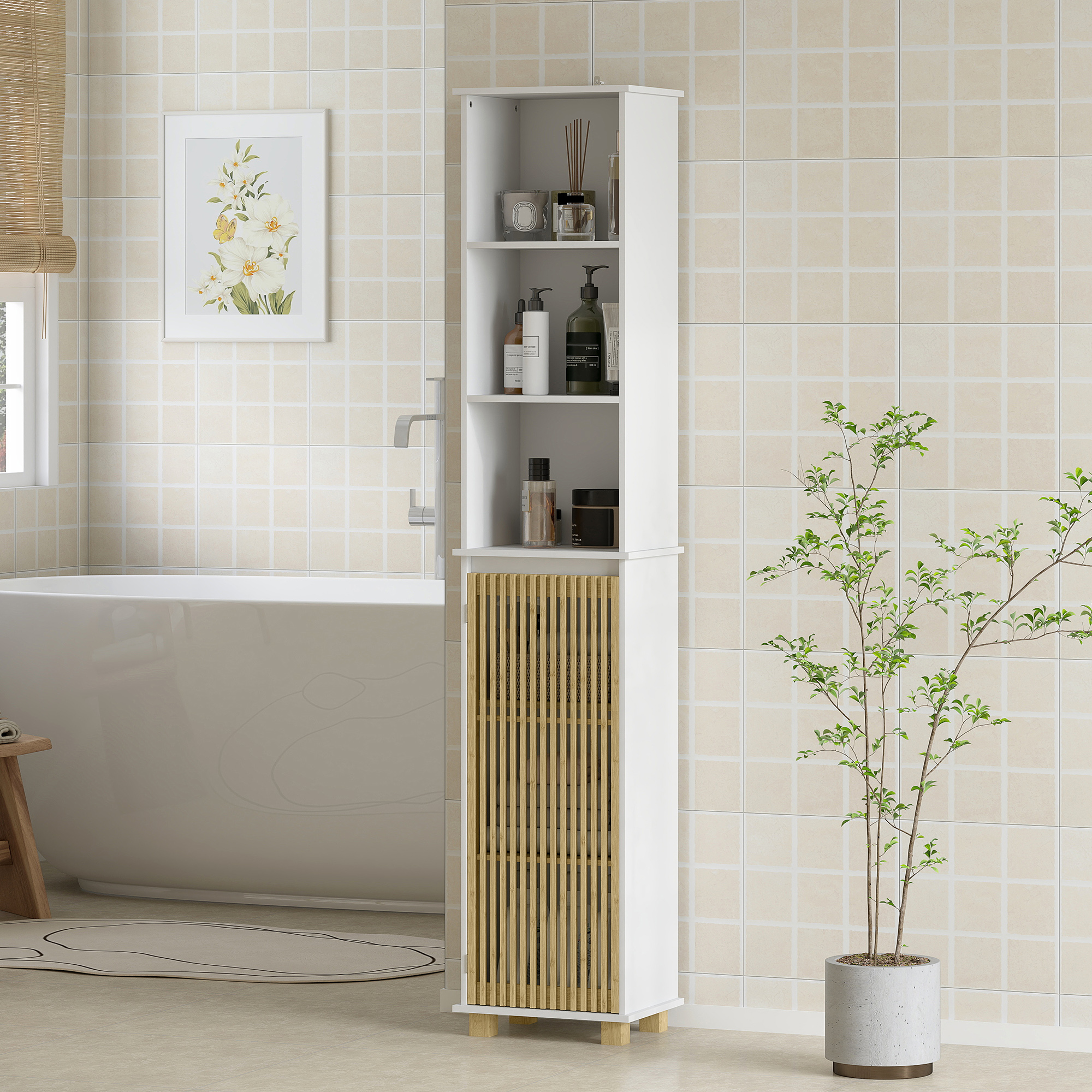 HOMCOM Badezimmerschrank, Badezimmerschrankspeicher mit Bambustür und offenen Fächern, weiß
