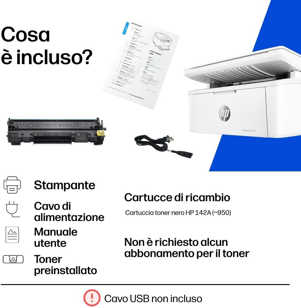 HP LaserJet M140w 7MD72F, Stampante Multifunzione Laser A4, Monocromatica, Stampa Fronte e Retro Manuale in Bianco e Nero, 20 ppm, Wi-Fi, Smart, Bianca