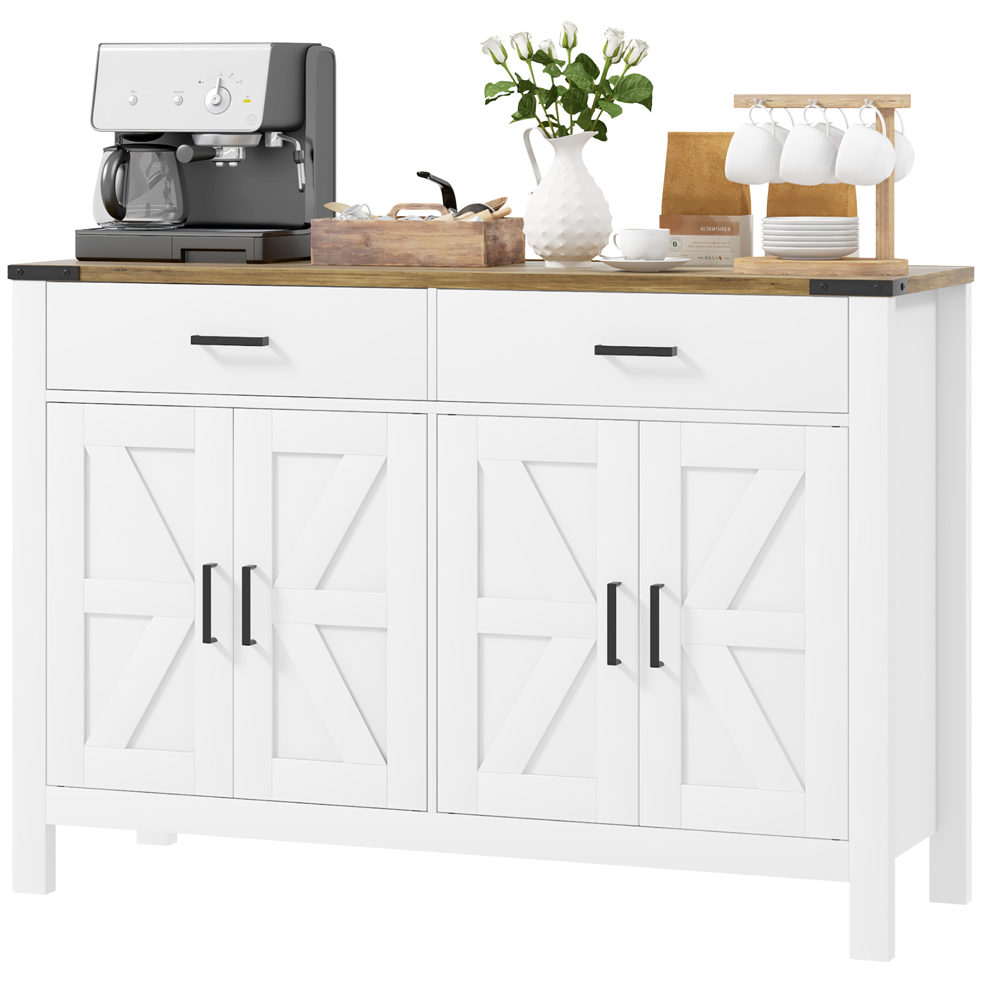 HOMCOM Buffet Schrank im ländlichen Stil mit 2 Schubladen und 2 Schränken mit verstellbaren Regalen, 120 x 39,3 x 82,5 cm, weiß