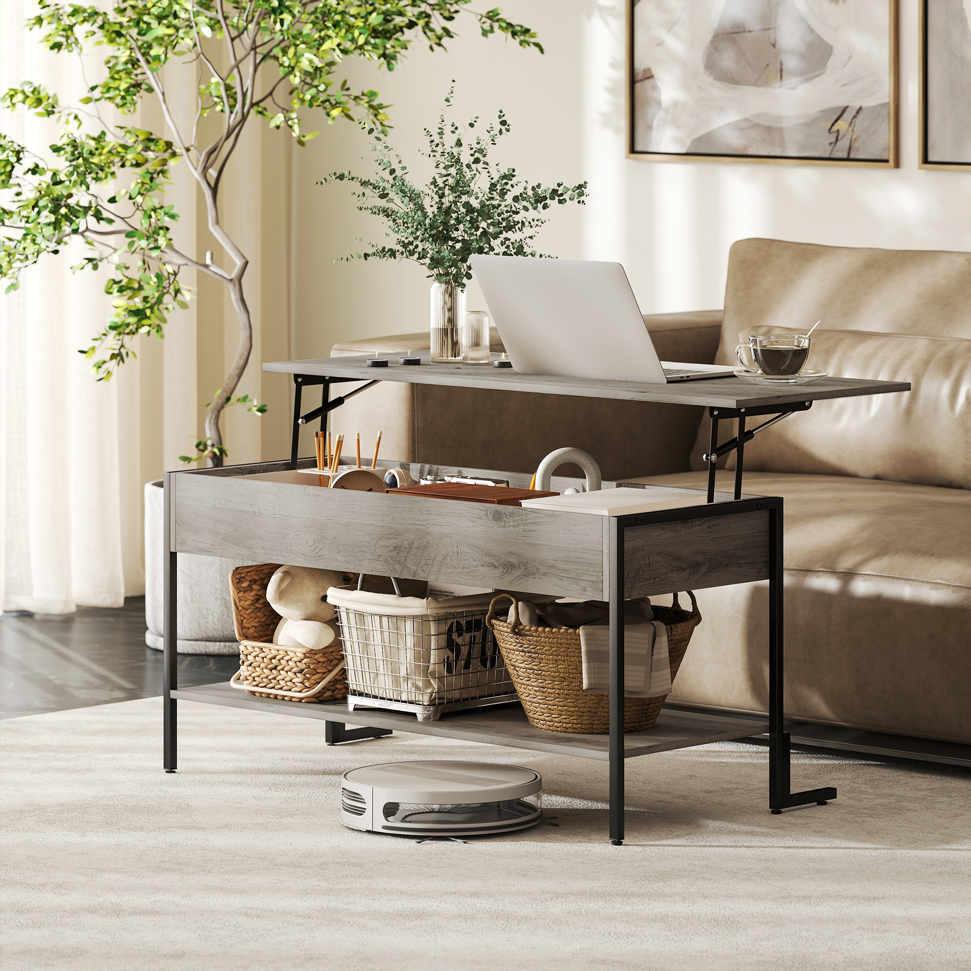 HOMCOM Couchtisch mit höhenverstellbarer Platte, Wohnzimmertisch mit verstecktem Fach und offenem Regal, 95x40x59cm, grau