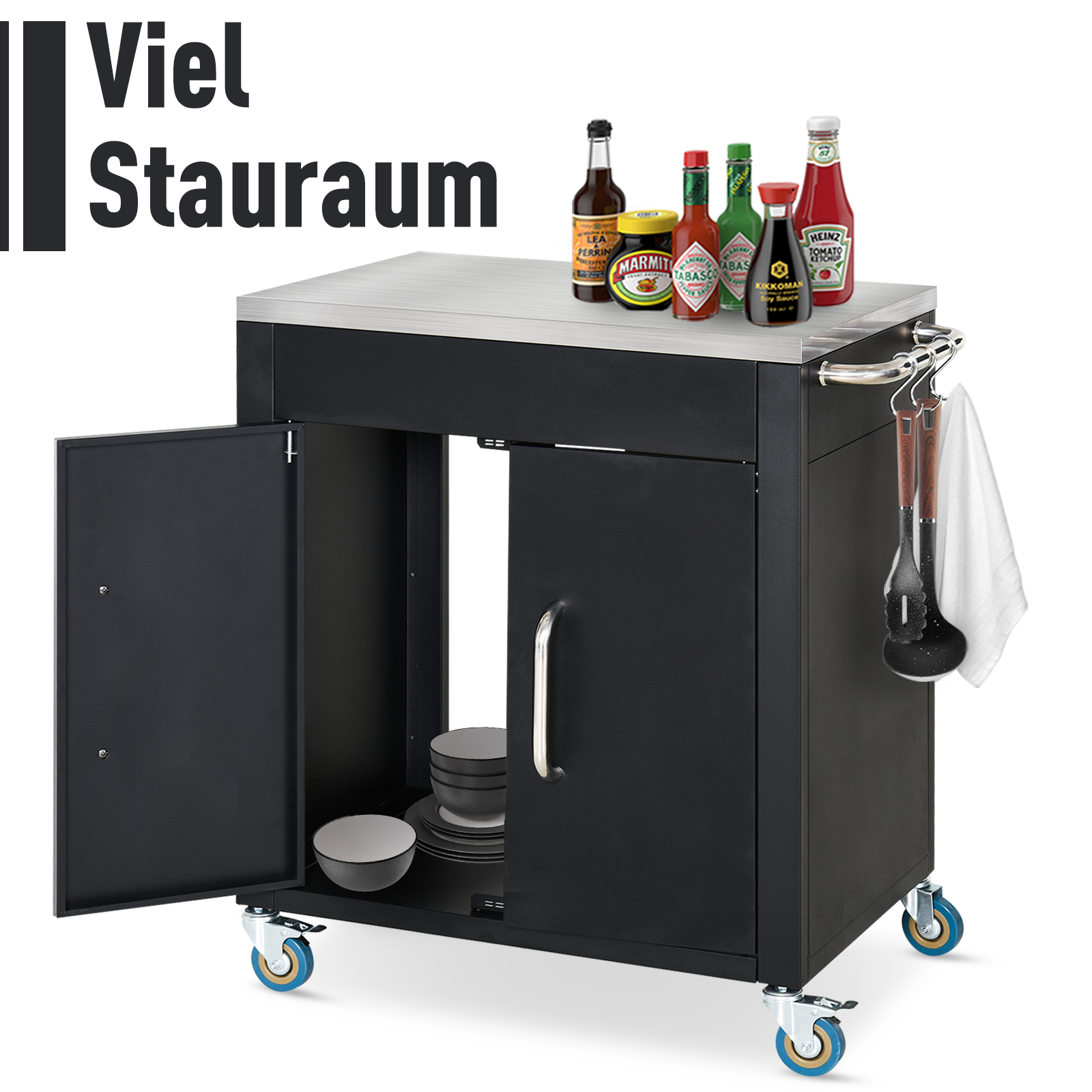 keukenwagen met wielen, serveerwagen, keukenhulp, rvs, zwart, 86 x 50 x 84,5 cm