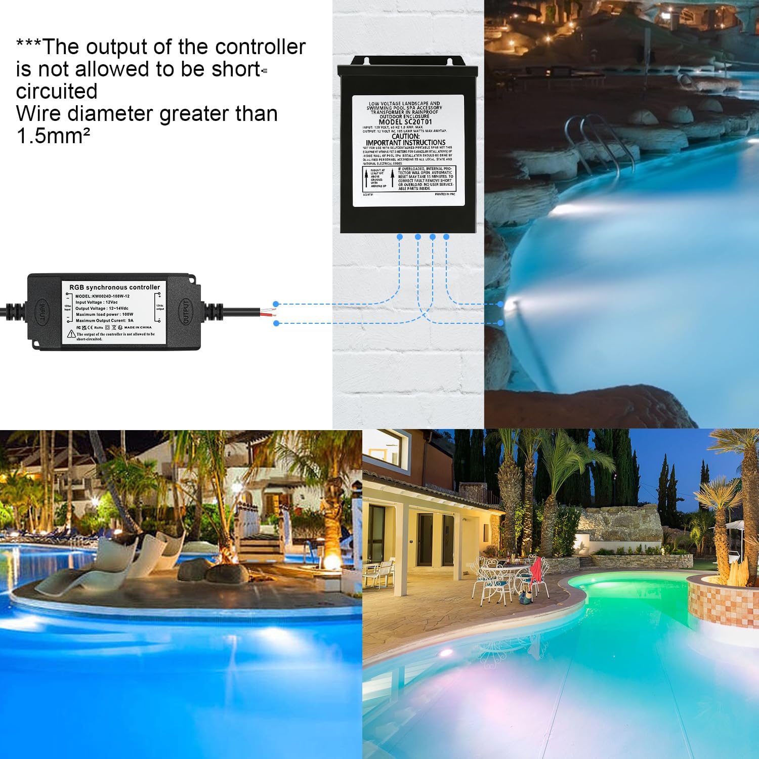 KWODE 54W LED Poolbeleuchtung PAR56, 12V RGB Timing 2/4/6H Schwimmbadbeleuchtung, Externe Synchronisation mit Fernbedienung, IP68 Wasserdichter Pool Lampe Licht mit Fernbedienung (2 Stück)