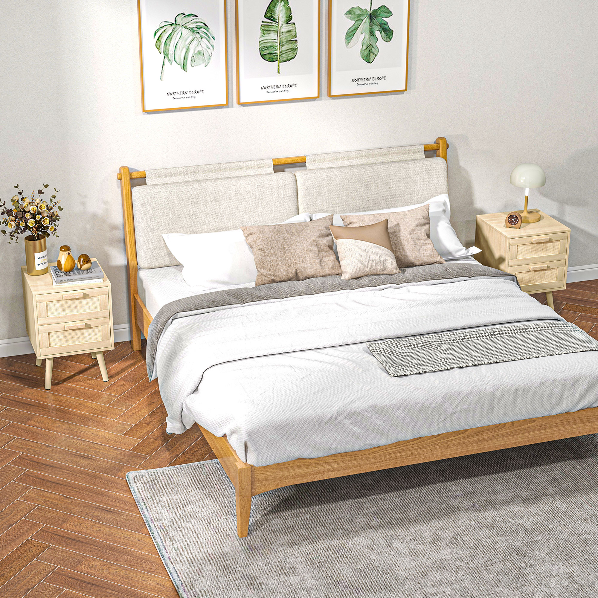 HOMCOM 2er-Set Nachttische im Boho-Design, 2 Nachttische, Rattangeflecht, 4 Schubladen, Natur
