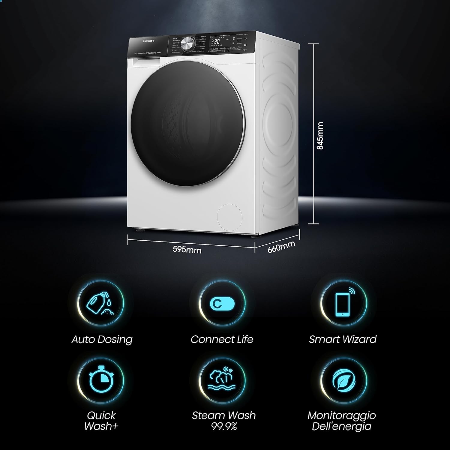 Hisense WFVB7012EM Front Load Washing Machine 7 kg 1200 rpm 15 Programs Steam LED Display Rapid Program Delay Start Child Lock