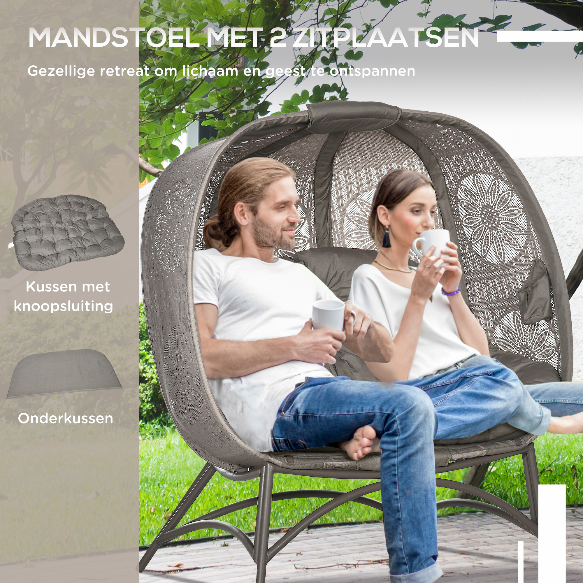 Outsunny tuinstoel 2 zits, rieten stoel met opvouwbare mand, kussens, staal
