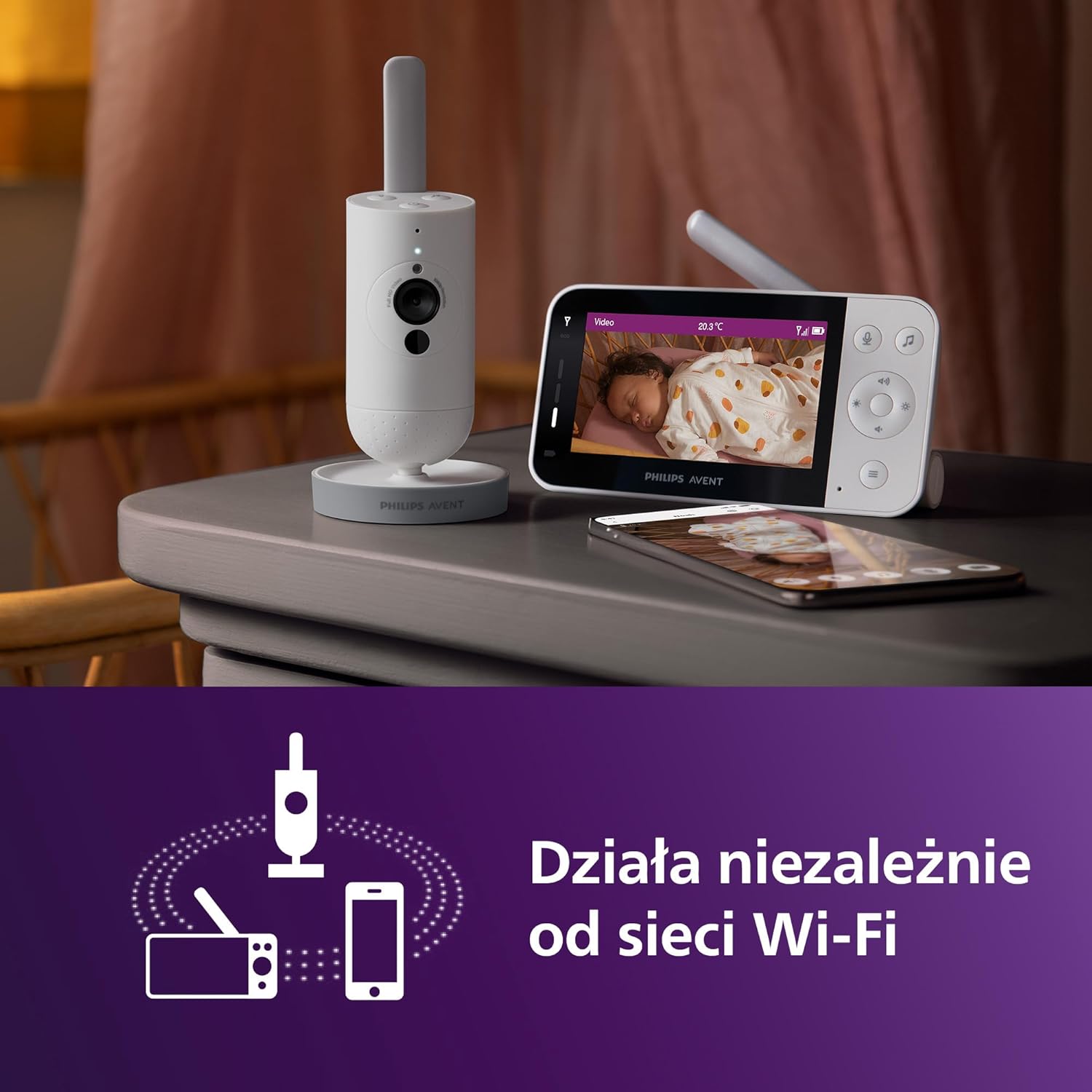 Philips AVENT Elektroniczna niania z łącznością Wi-Fi, wysokiej jakości kamerą HD, funkcją noktowizora, dwukierunkowym dźwiękiem i czasem pracy ekranu 12 godzin w trybie Eco, SCD951/26