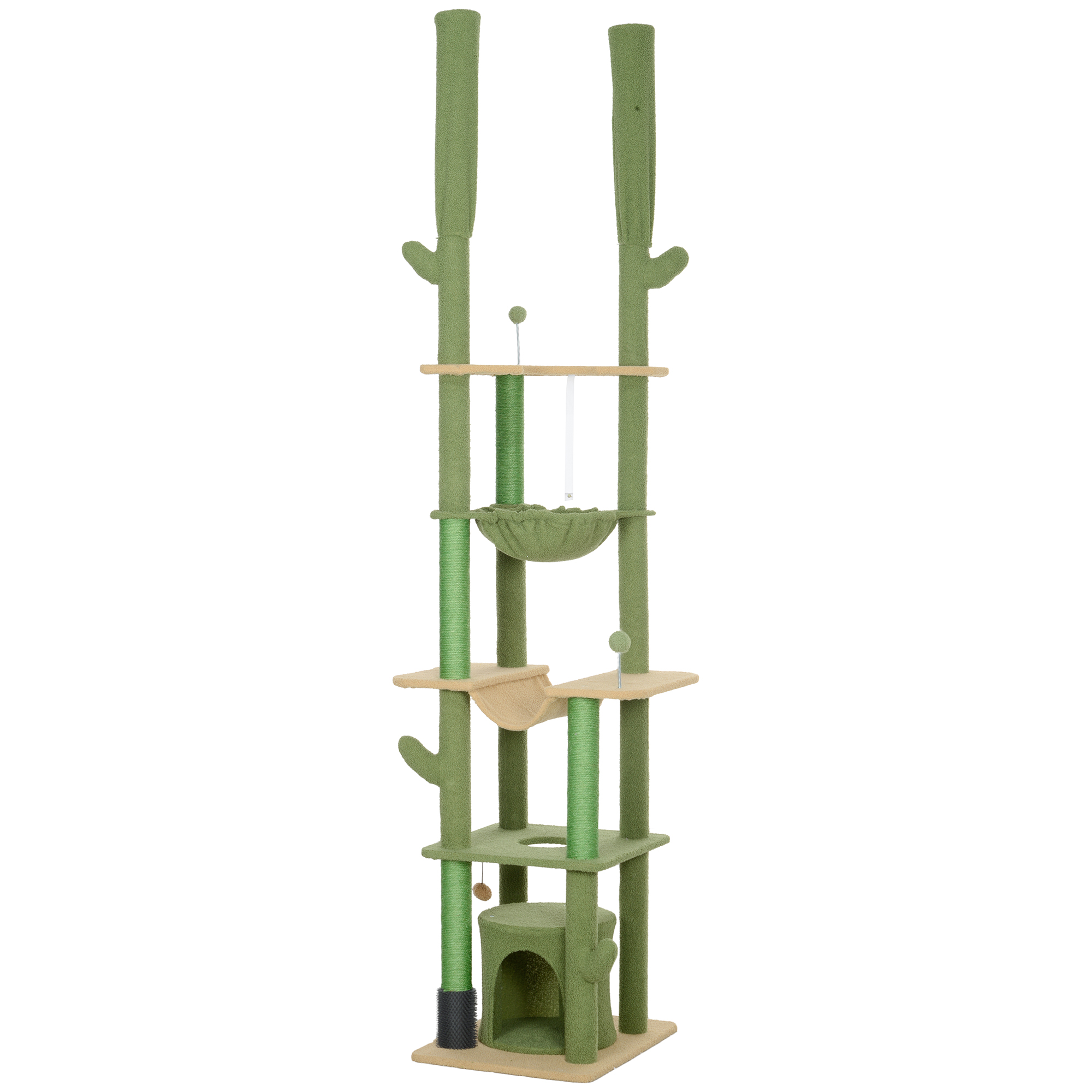 PawHut Kaktus-Kratzbaum, 4 Etagen, deckenhoch 225-255 cm, 2 Hängematten, Höhle, Grün