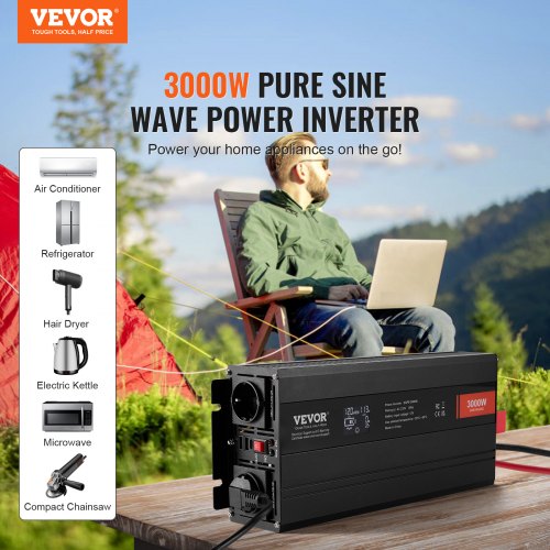 VEVOR Wechselrichter mit reiner Sinuswelle 3000W DC12V AC 230 V Spannungswandler 2 AC-Steckdosen 2 USB-Anschlüssen 1 Typ-C-Anschluss LCD-Display und Fernbedienung für große Haushaltsgeräte