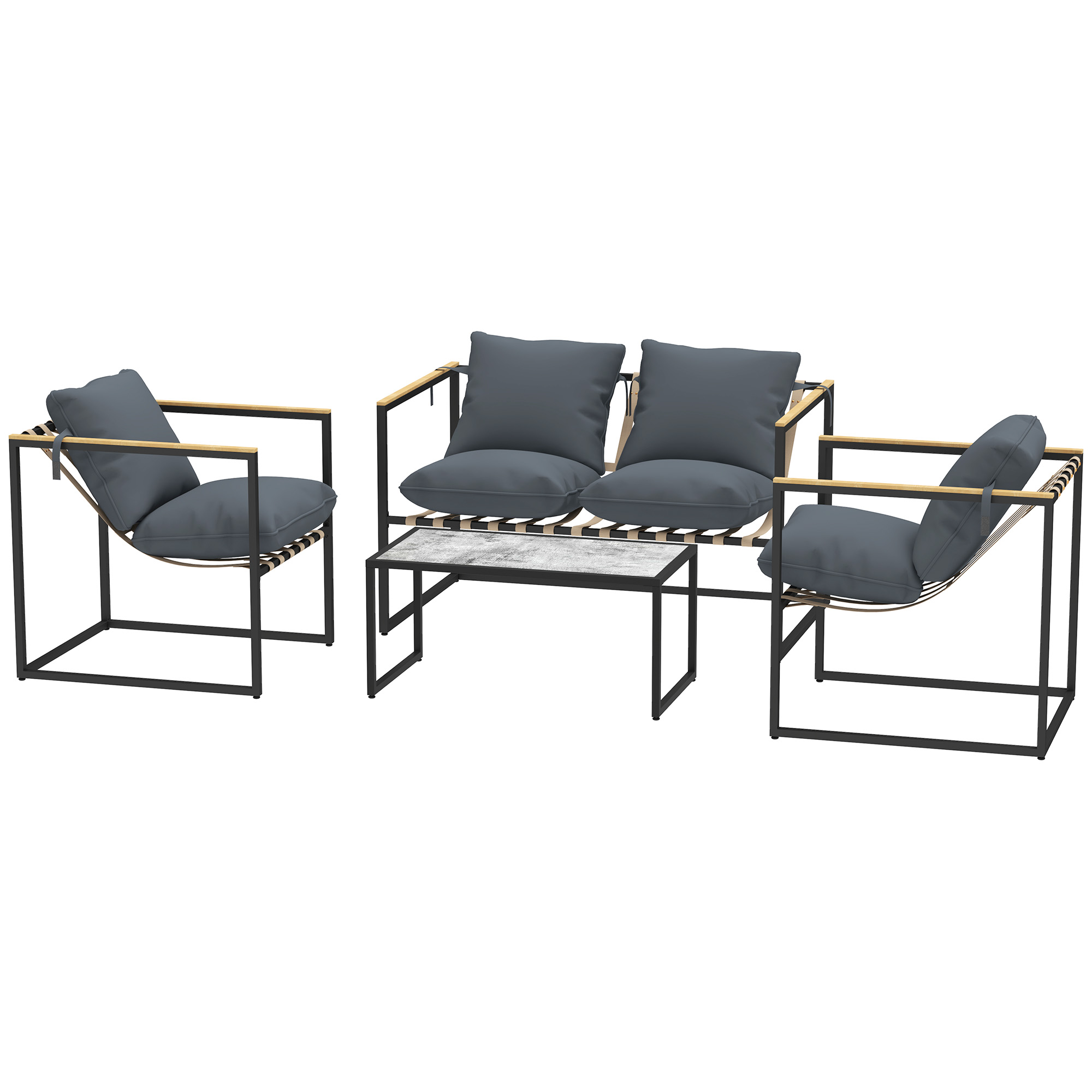 Outsunny 4-teiliges Gartenmöbelset, Outdoor-Möbel-Set, 2 Sessel, 2er Sofa, 1 Tisch, gepolstert, Stahl, Polyester, Grau