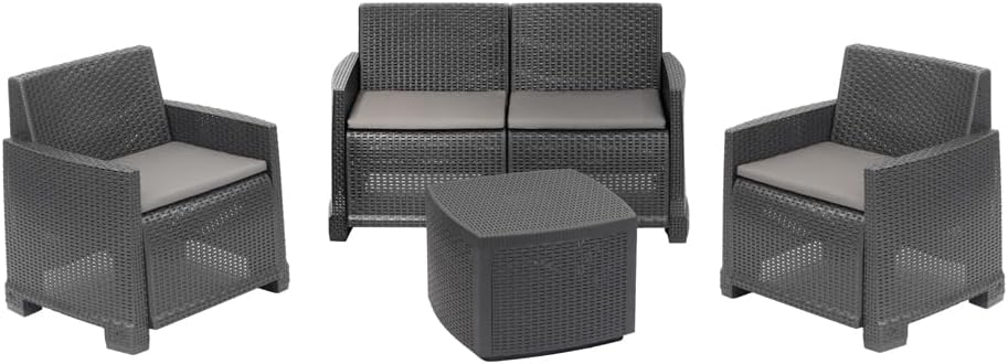 Dmora Set Salotto da Esterno Peschici,con 2 poltrone, 1 Divano e 1 tavolino, Effetto Rattan, 100% Made in Italy, Antracite, Pelle. Materiale, Medio