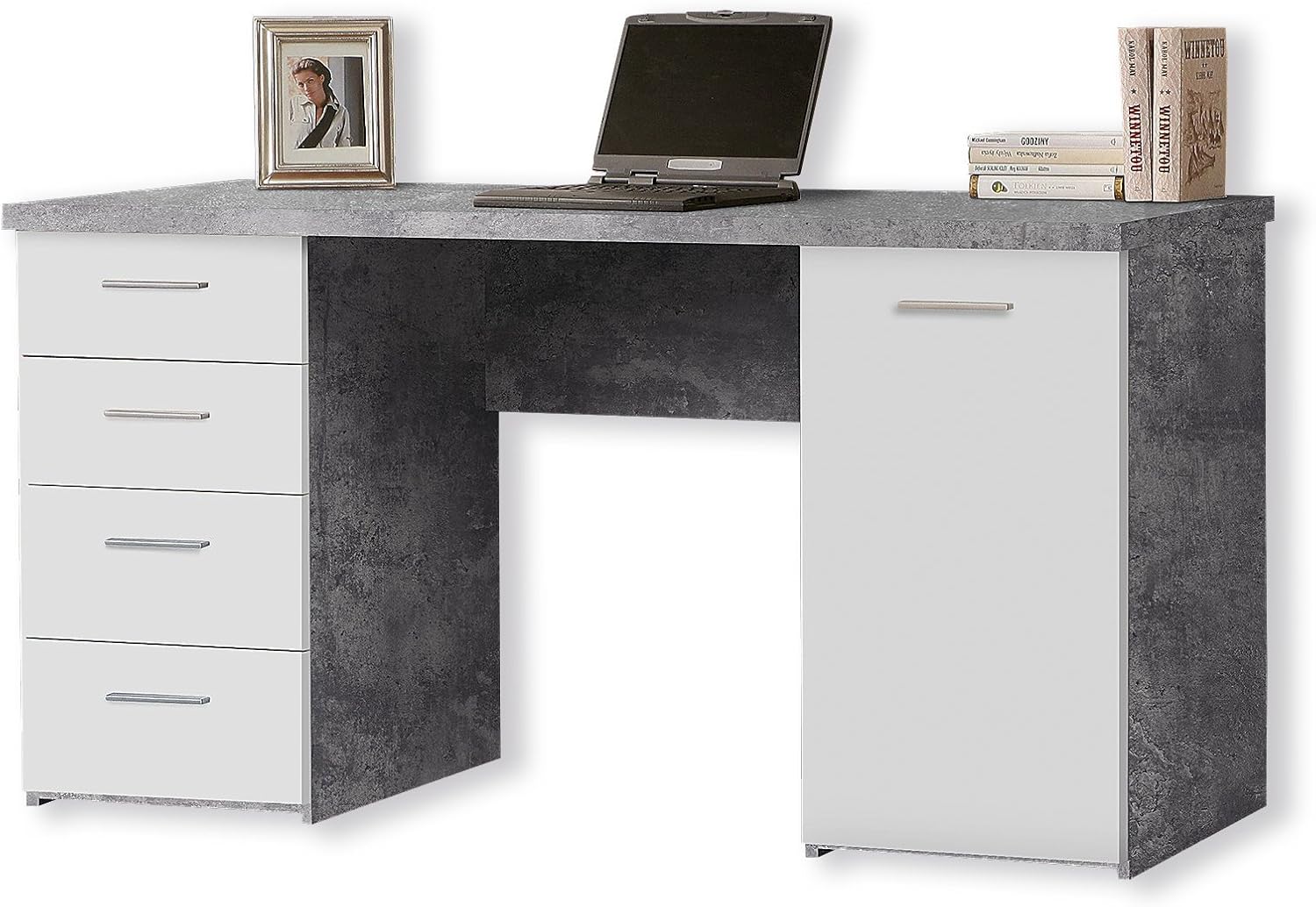 Forte NET106 Schreibtisch 140 150, 145 cm breit x 60 cm tief x 76,3 cm hoch, Schreibtisch mit 4 Schubladen und 1 Tür, Home Office, Büro, Computertisch