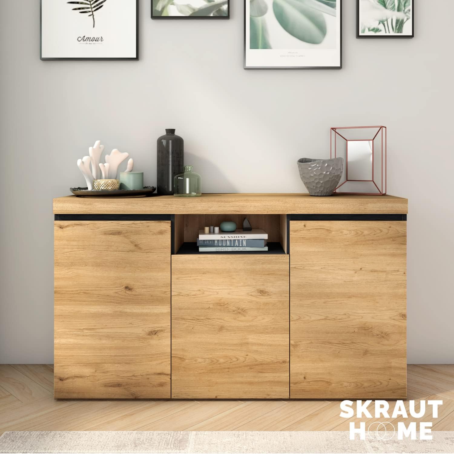 Skraut Home - Madia - Moo Naturale - 140 x 40 x 81 cm - Mobile Ingresso con 3 Ante - Stile Nordico - Melaminico - Rovere e Nero