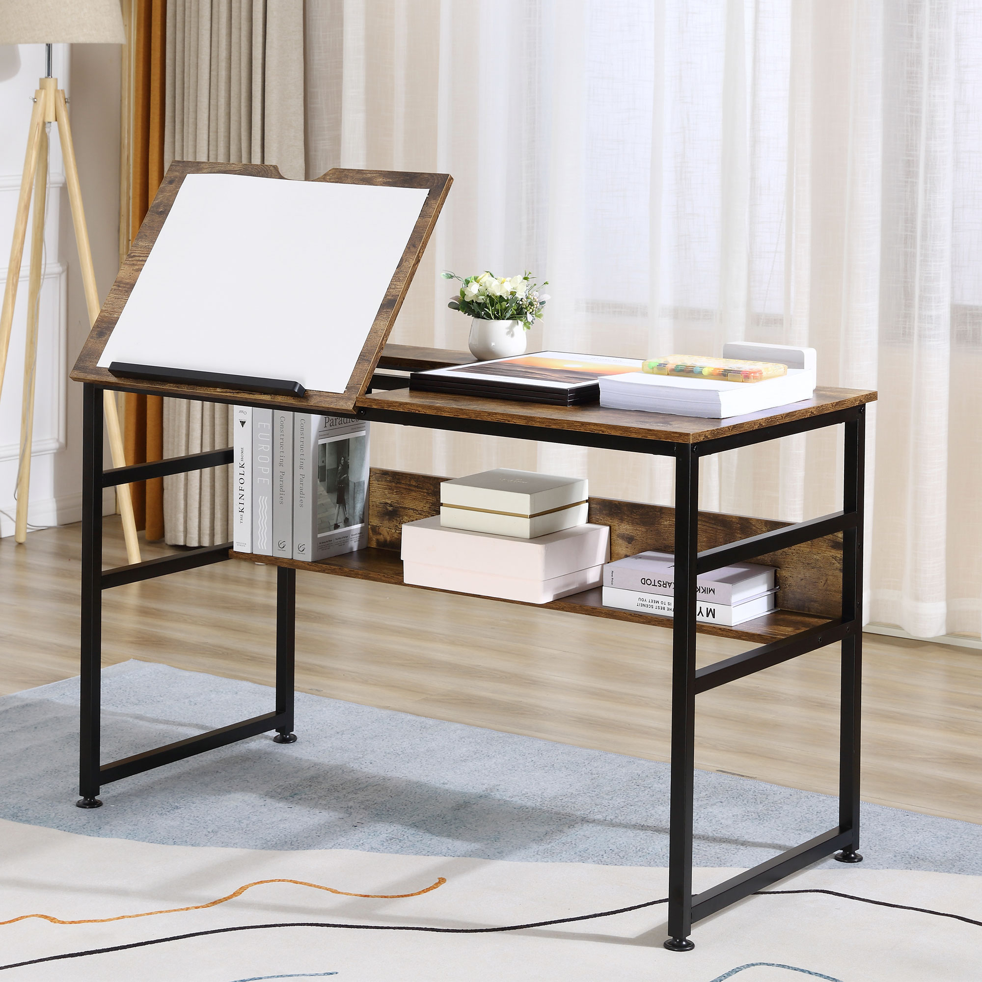 HOMCOM Zeichentisch mit neigbarer Platte Industrie-Design Computertisch - klappbares Plateau, Regal - Spanplatten mit altem Holzdekor und schwarzem Metall
