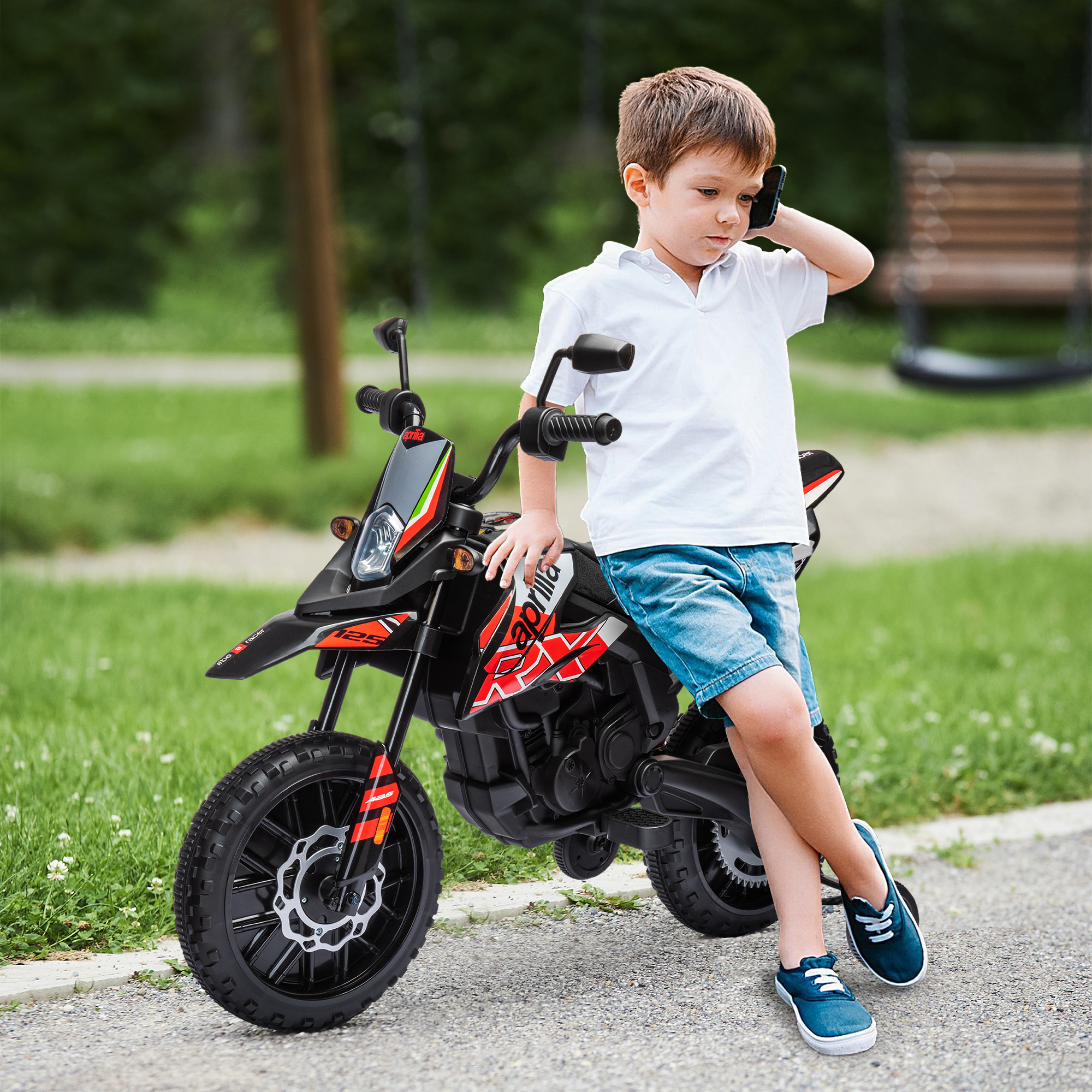 AIYAPLAY Kinder Elektro Motorrad unter Lizenz von Aprilia mit 2 12V Motoren, abnehmbare Trainingsräder, LED Licht, Musik - Rot