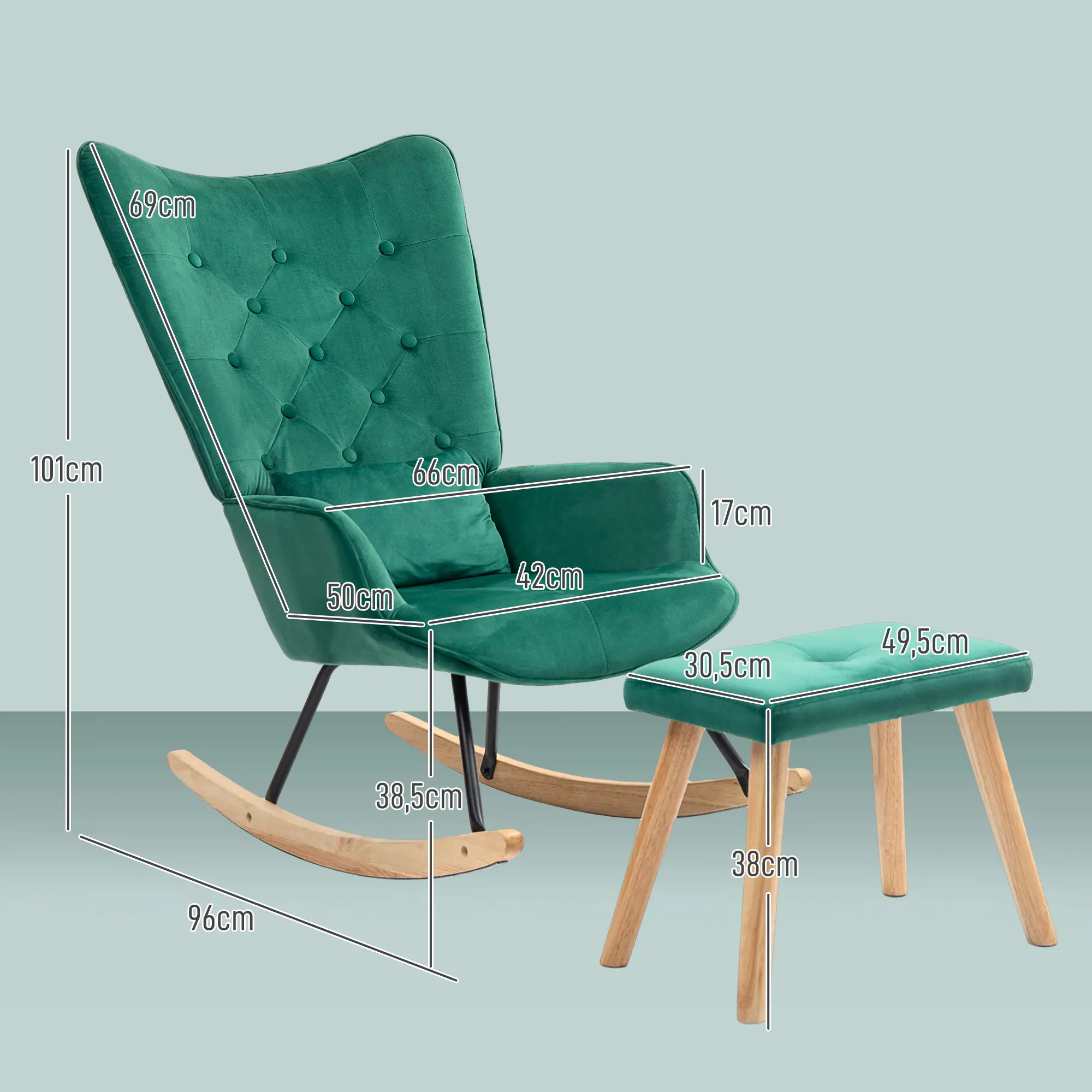 HOMCOM Relaxsessel mit Hocker Schaukelstuhl Set Samt grün