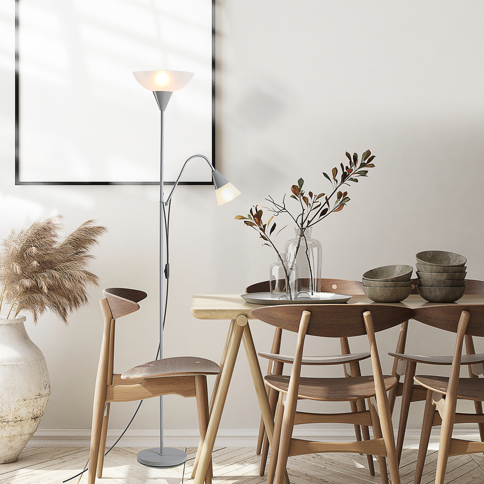 HOMCOM Moderne Stehlampe 2 Köpfe Verstellbares Leselicht, Standleuchte, Doppelköpfes Design mit Stahlfuß,Silber, Weiß, 28 x 28 x 179,5 cm