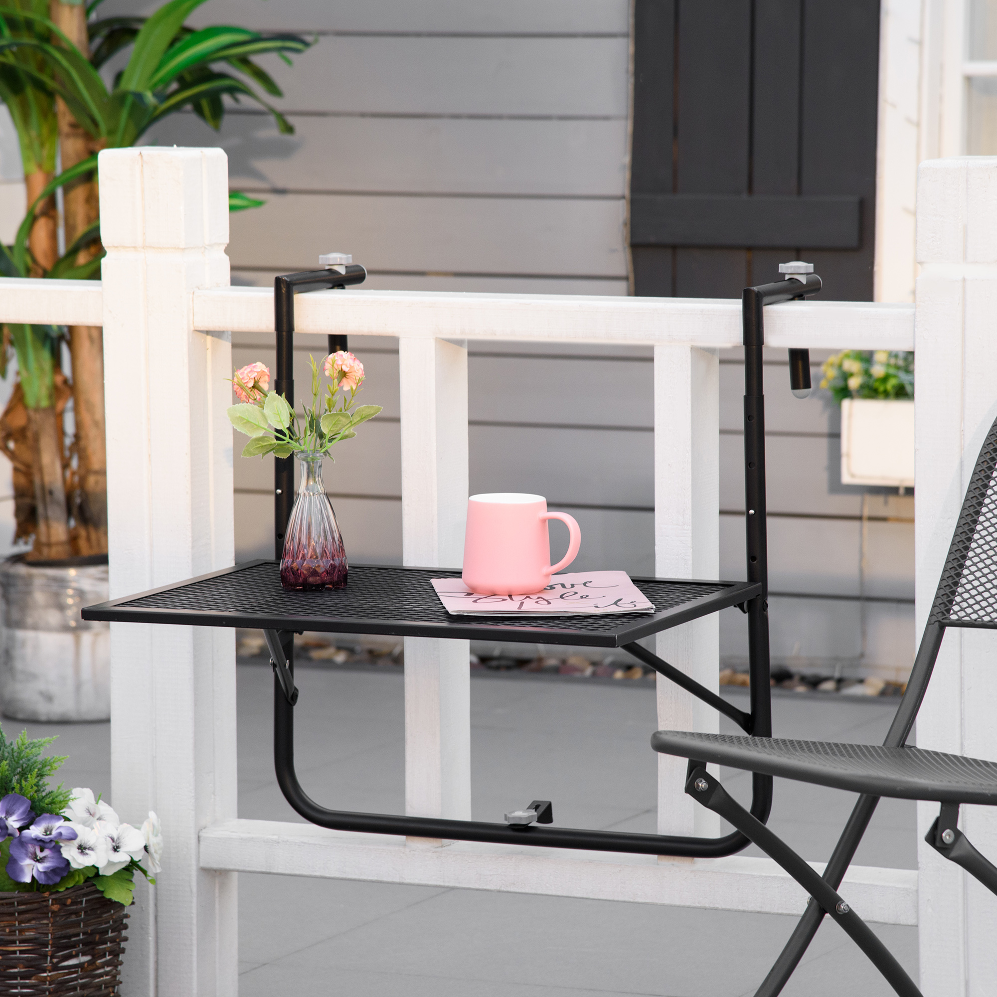 Outsunny Balkonhängetisch klappbar 4-fach höhenverstellbarer Hängetisch aus Metall wetterfest Balkontisch 60x40 cm Schwarz