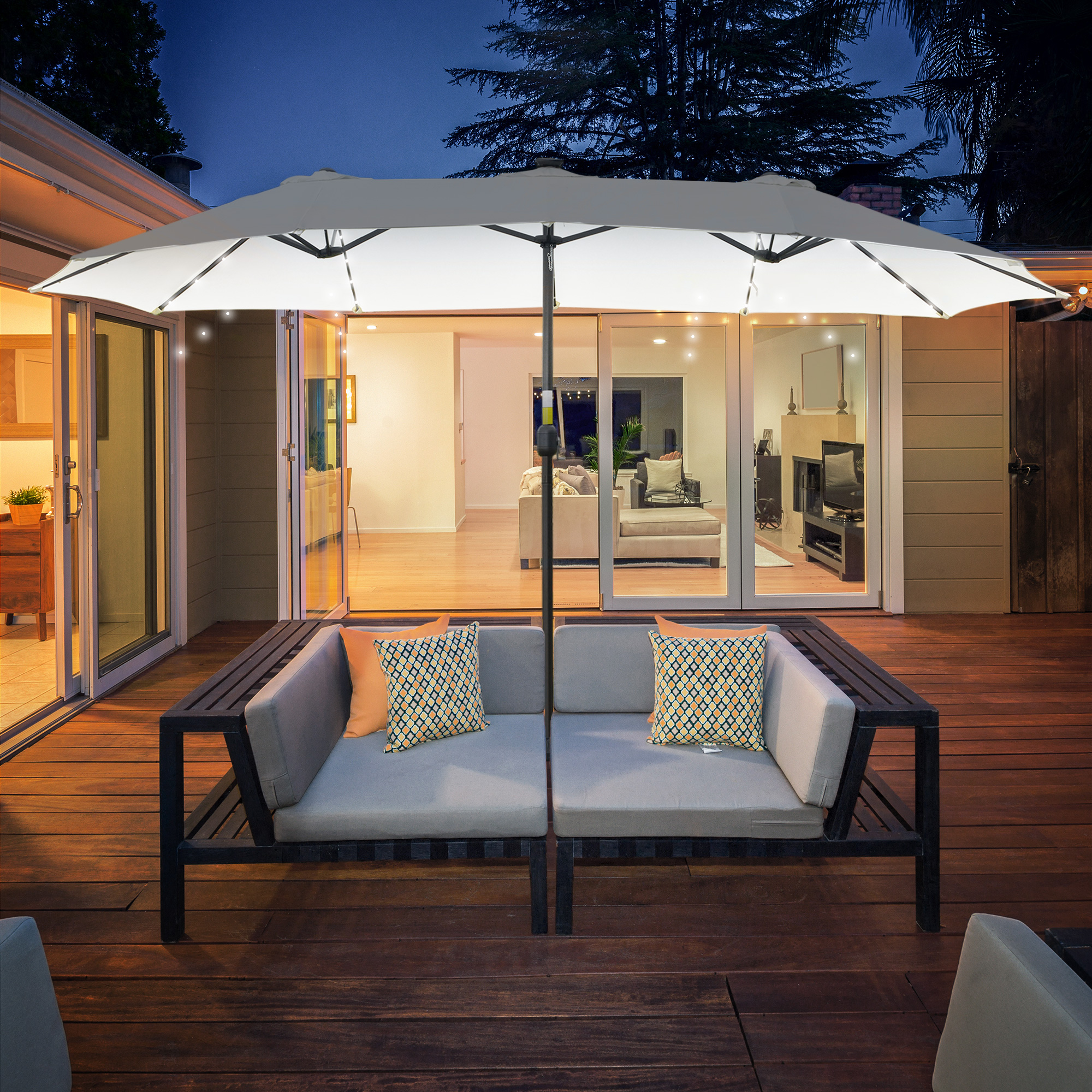 Outsunny Sonnenschirm mit LED Solar 4,5m Doppelsonnenschirm Gartenschirm Marktschirm Terrassenschirm Oval Schwarz+Cremeweiß