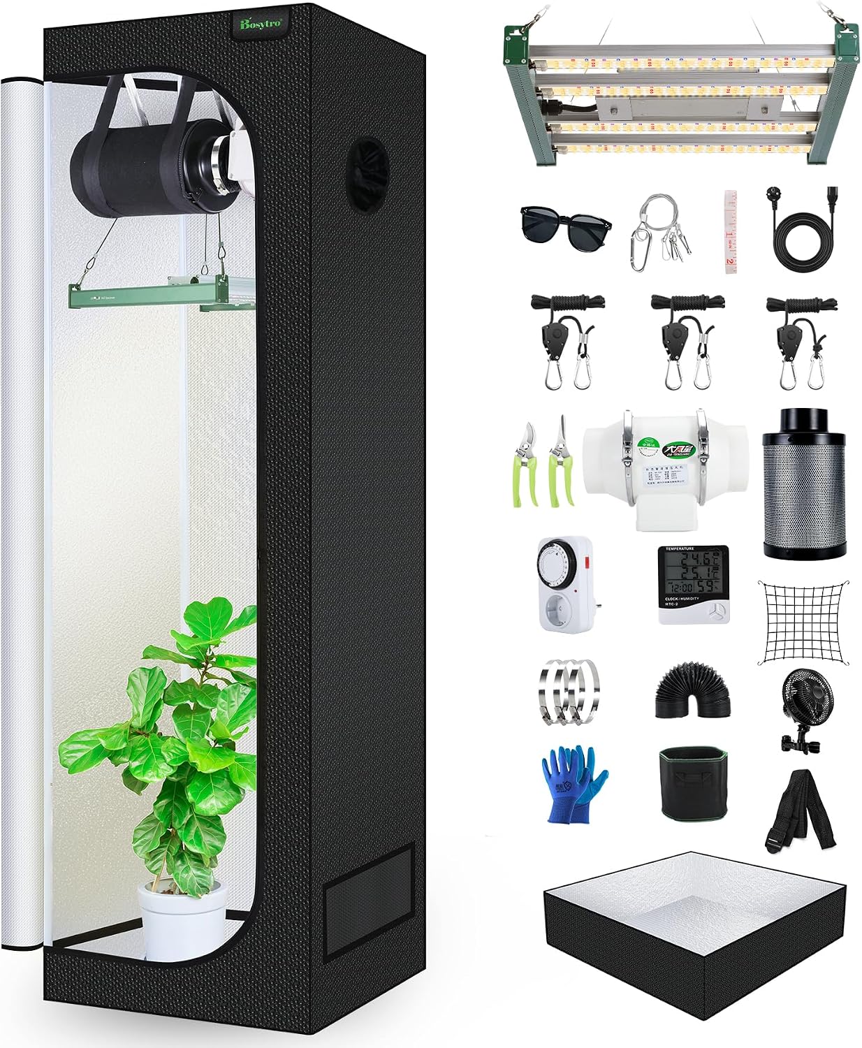 Grow Set Komplettset, Led Grow Tent Kit,120W LED Grow Lampe Vollspektrum, Zeitschaltuhr (60x60x180cm-4Z), 600D